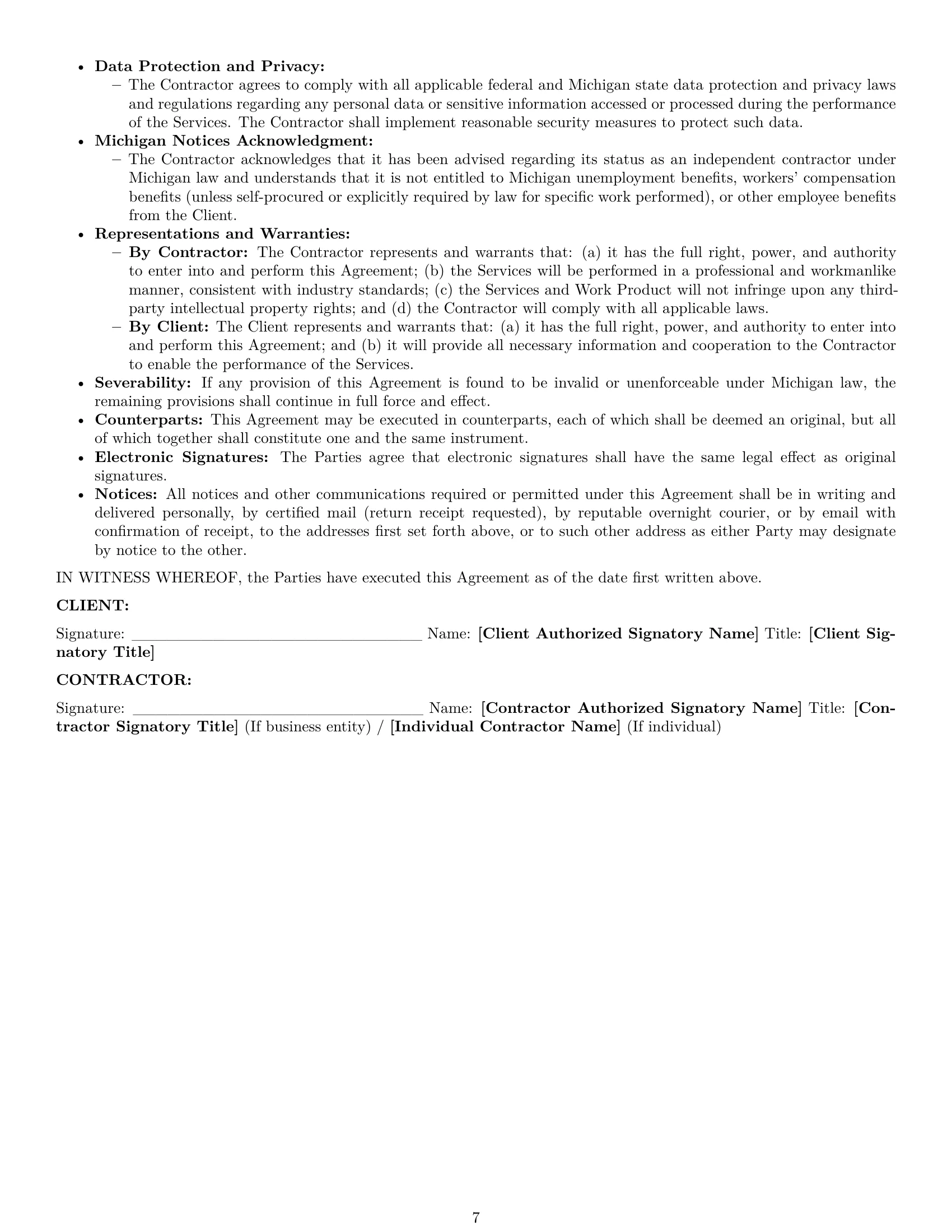 Preview page 7 of Pro Michigan independent contractor agreement template