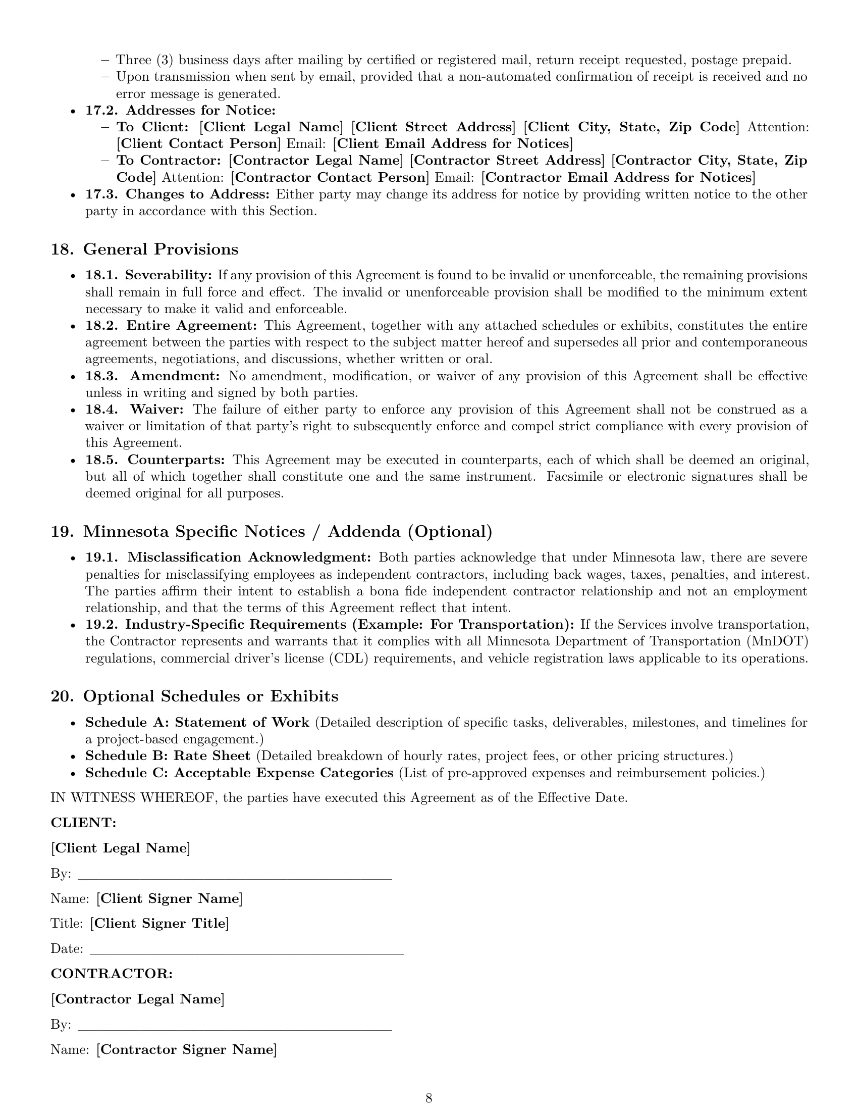 Preview page 8 of Pro Minnesota independent contractor agreement template