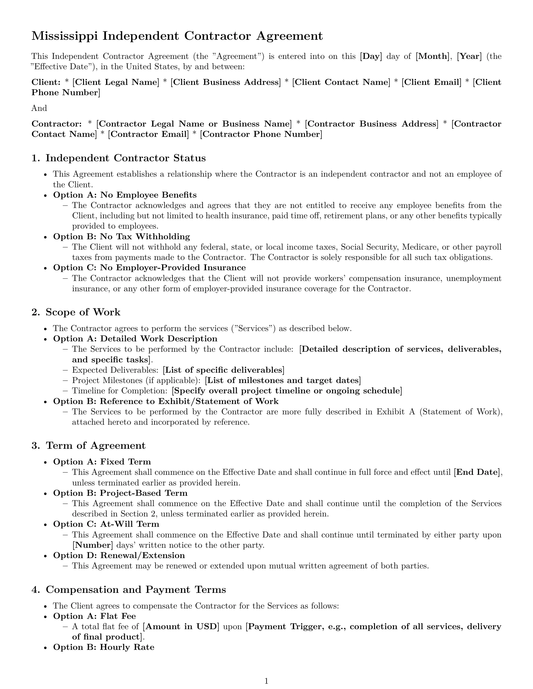 Preview page 1 of Pro Mississippi independent contractor agreement template