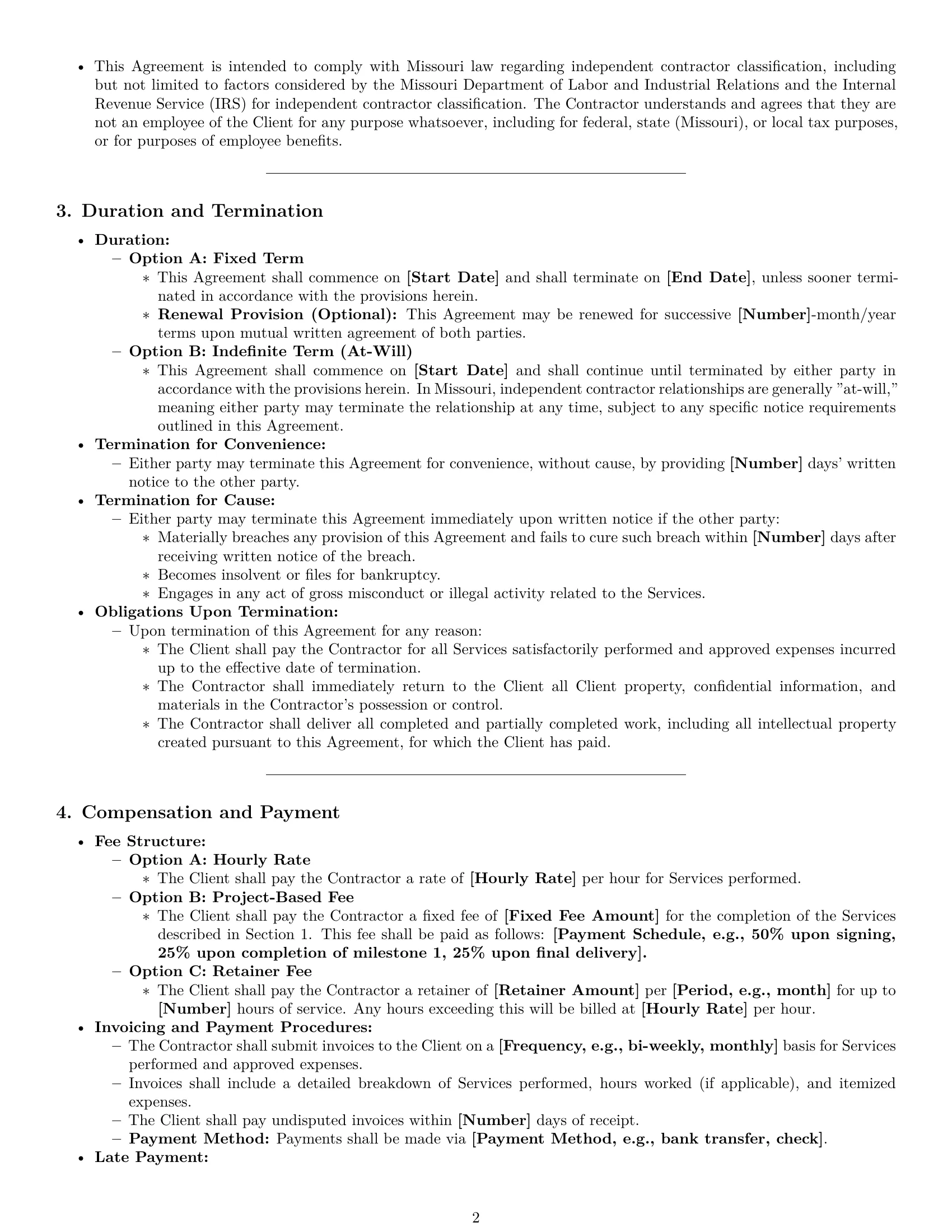 Preview page 2 of Pro Missouri independent contractor agreement template