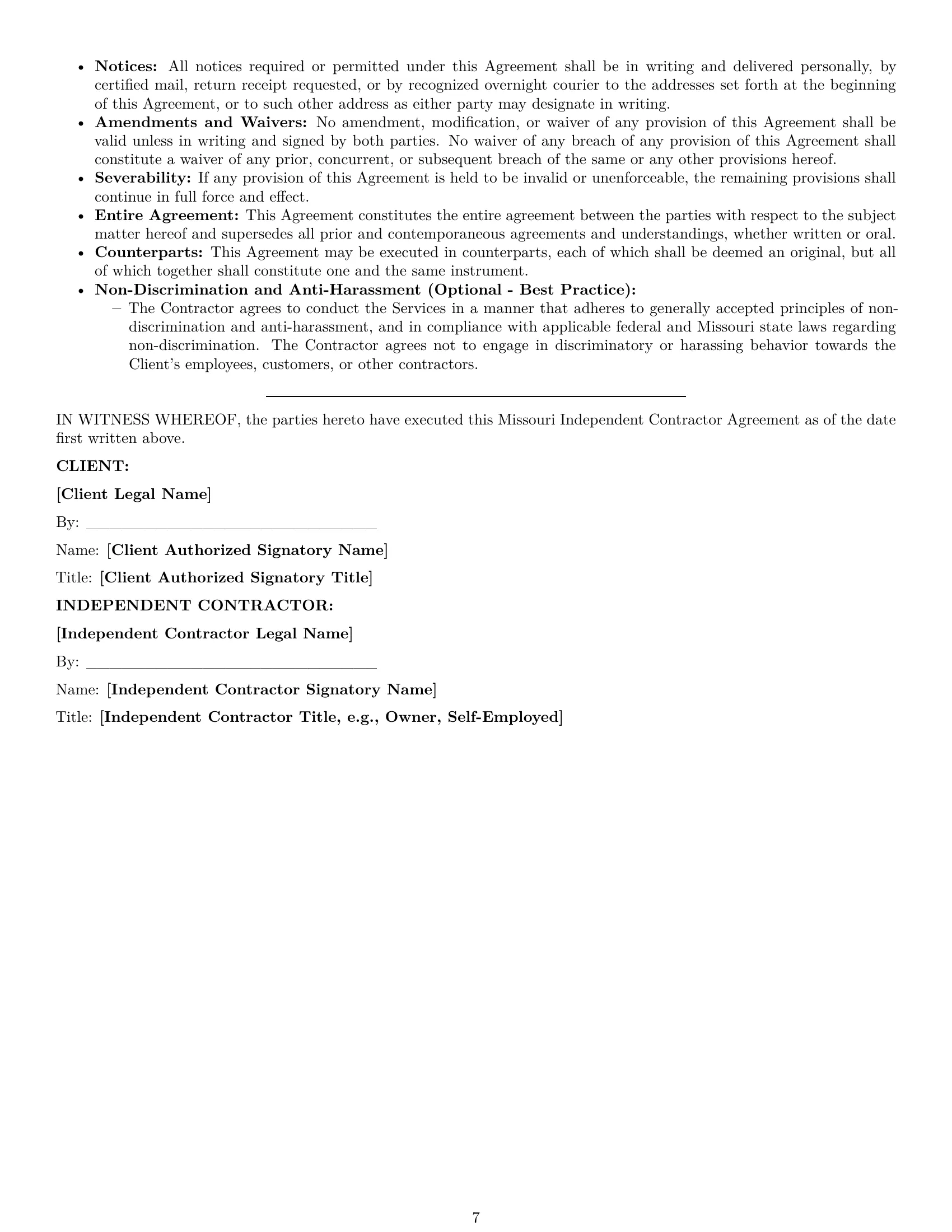 Preview page 7 of Pro Missouri independent contractor agreement template