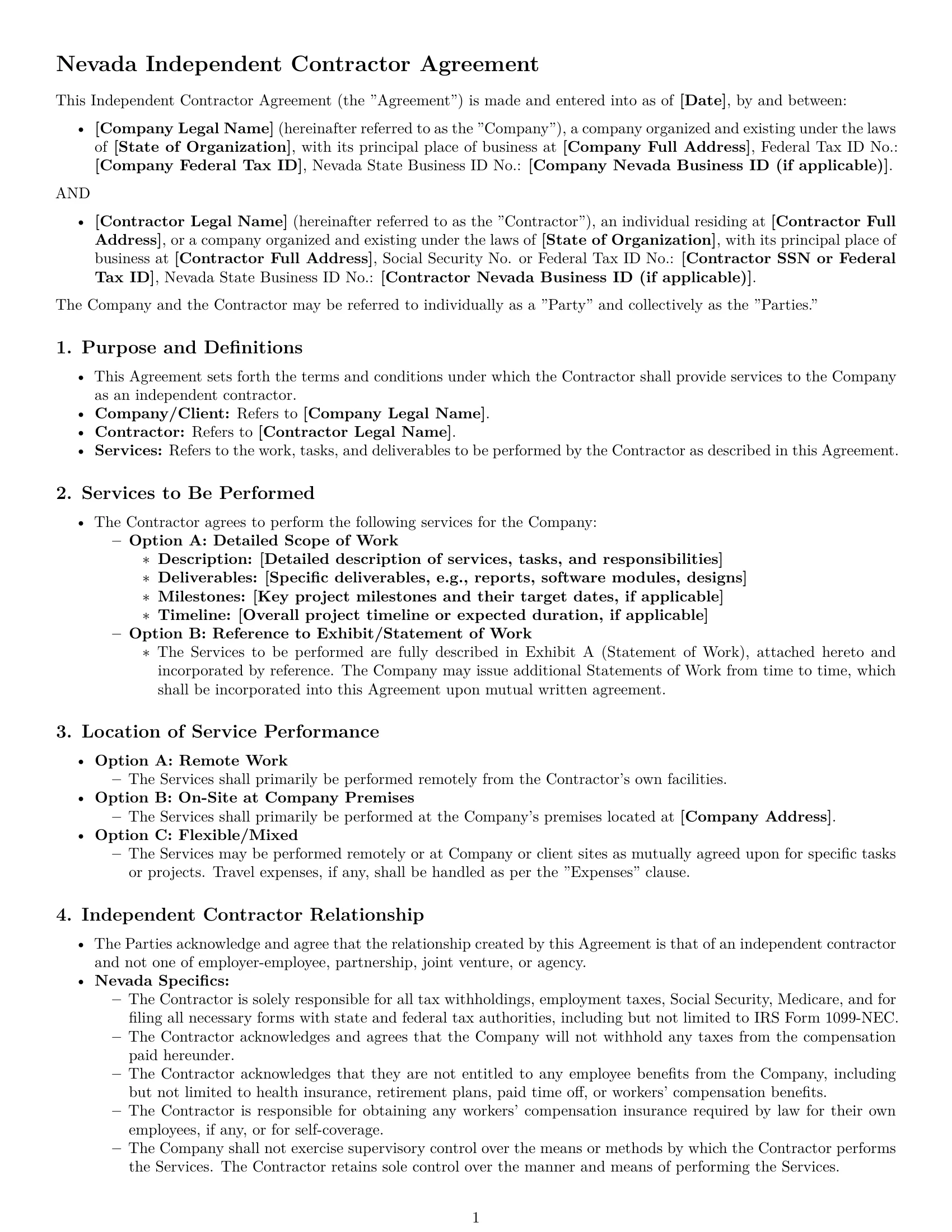 Preview page 1 of Pro Nevada independent contractor agreement template