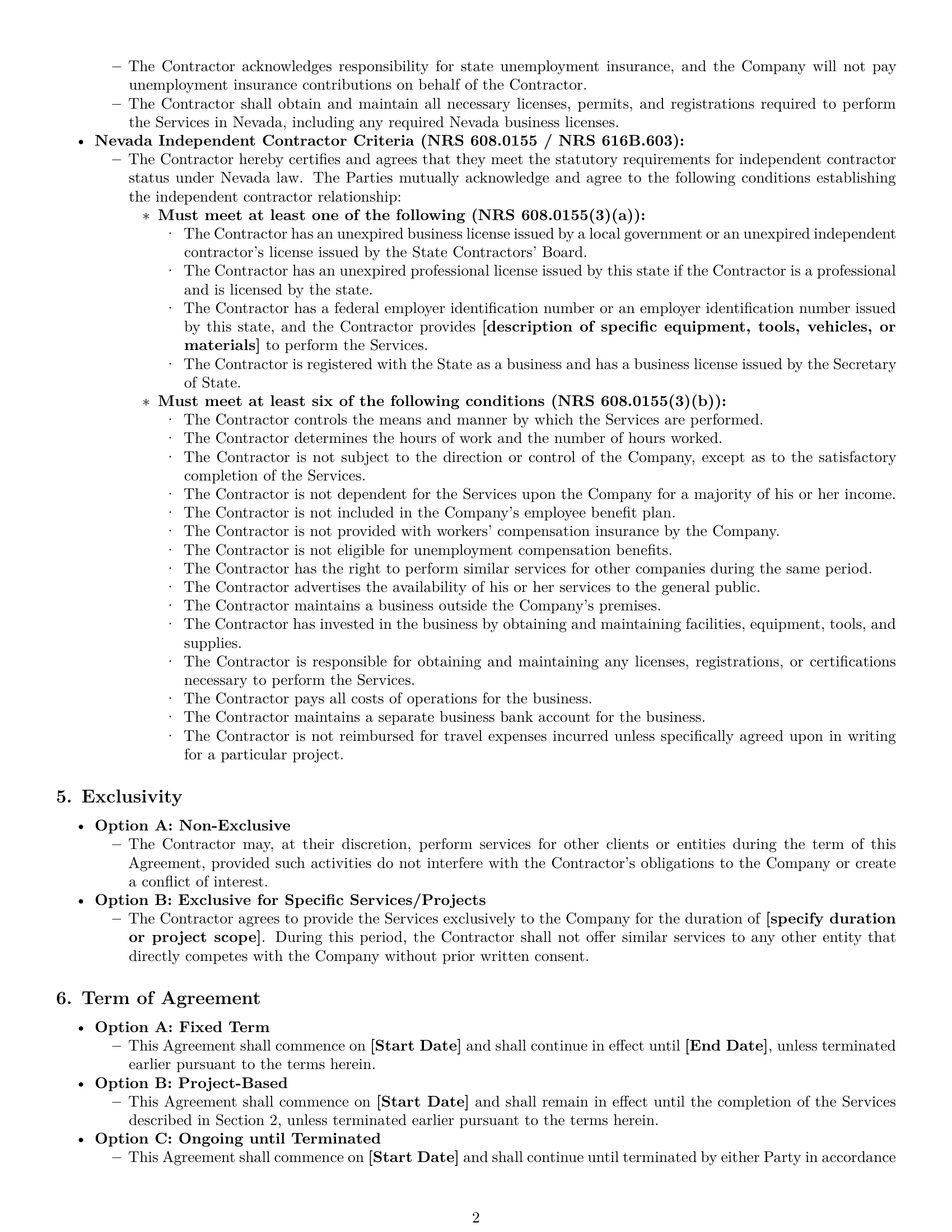 Preview page 2 of Pro Nevada independent contractor agreement template