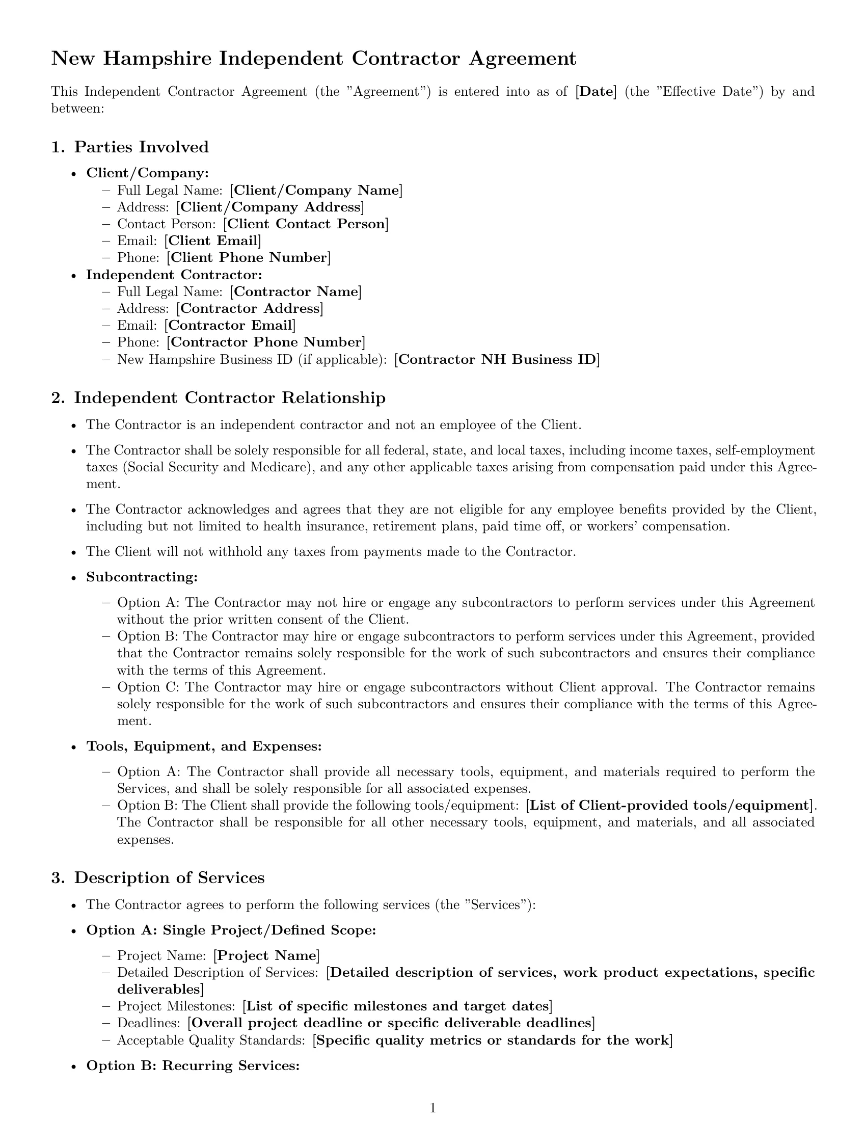 Preview page 1 of Pro New Hampshire independent contractor agreement template