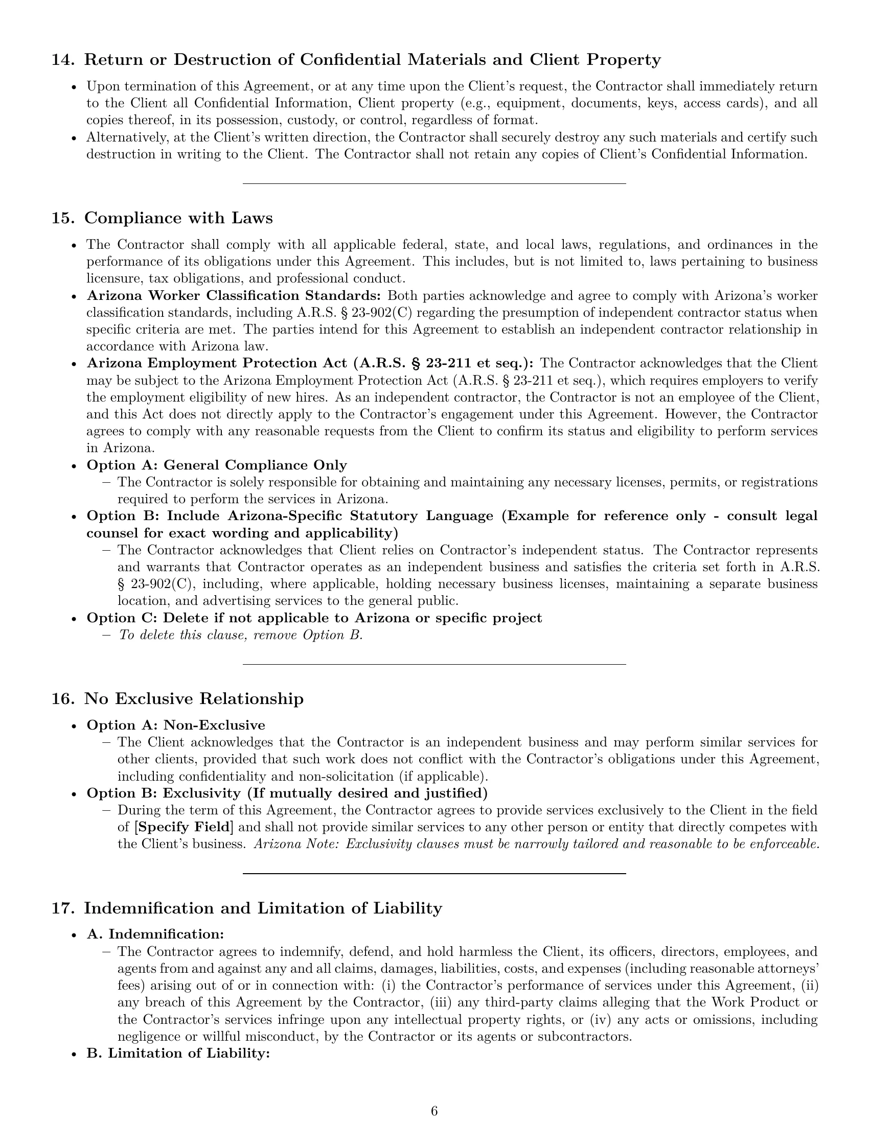 Preview page 6 of Pro Arizona independent contractor agreement template