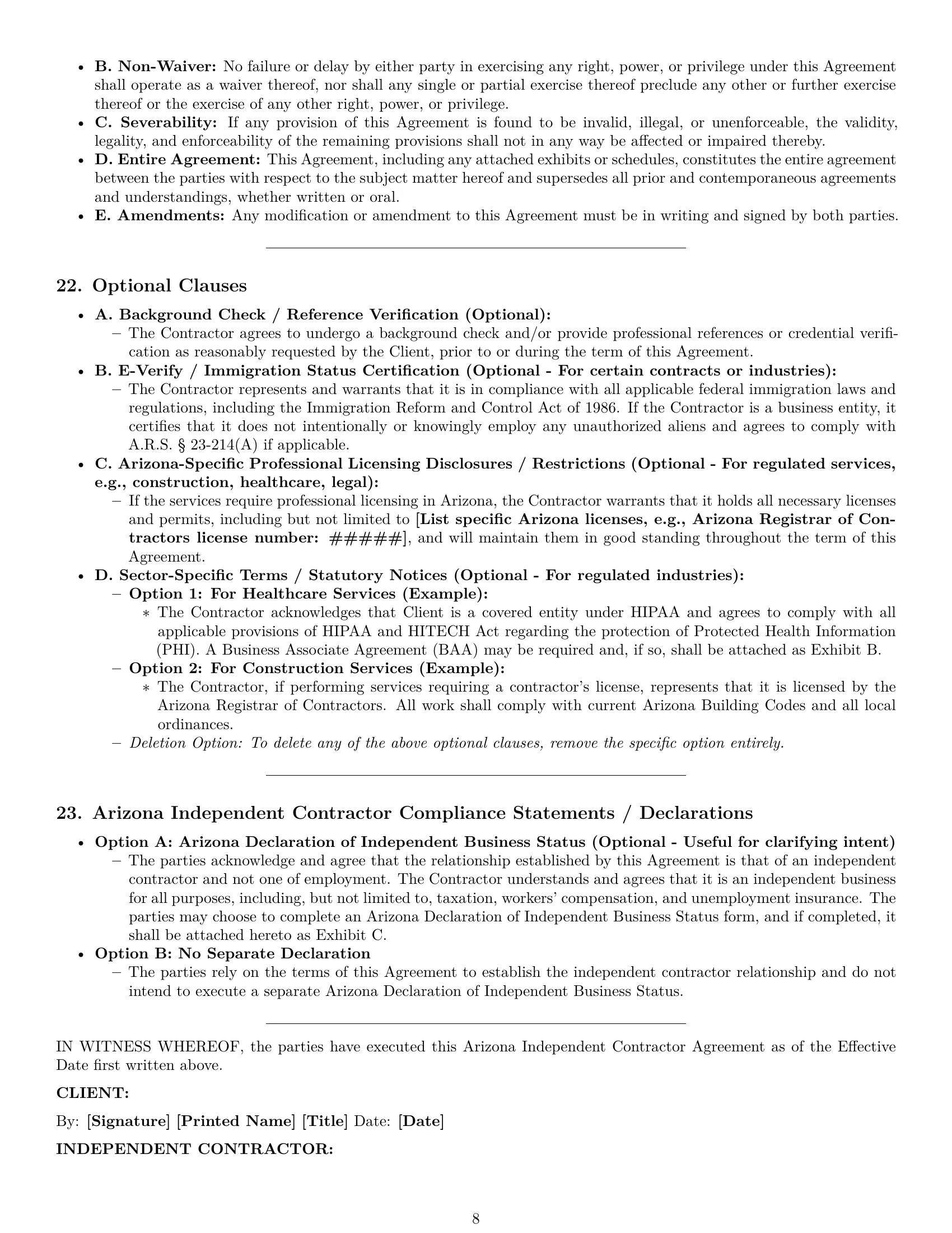 Preview page 8 of Pro Arizona independent contractor agreement template