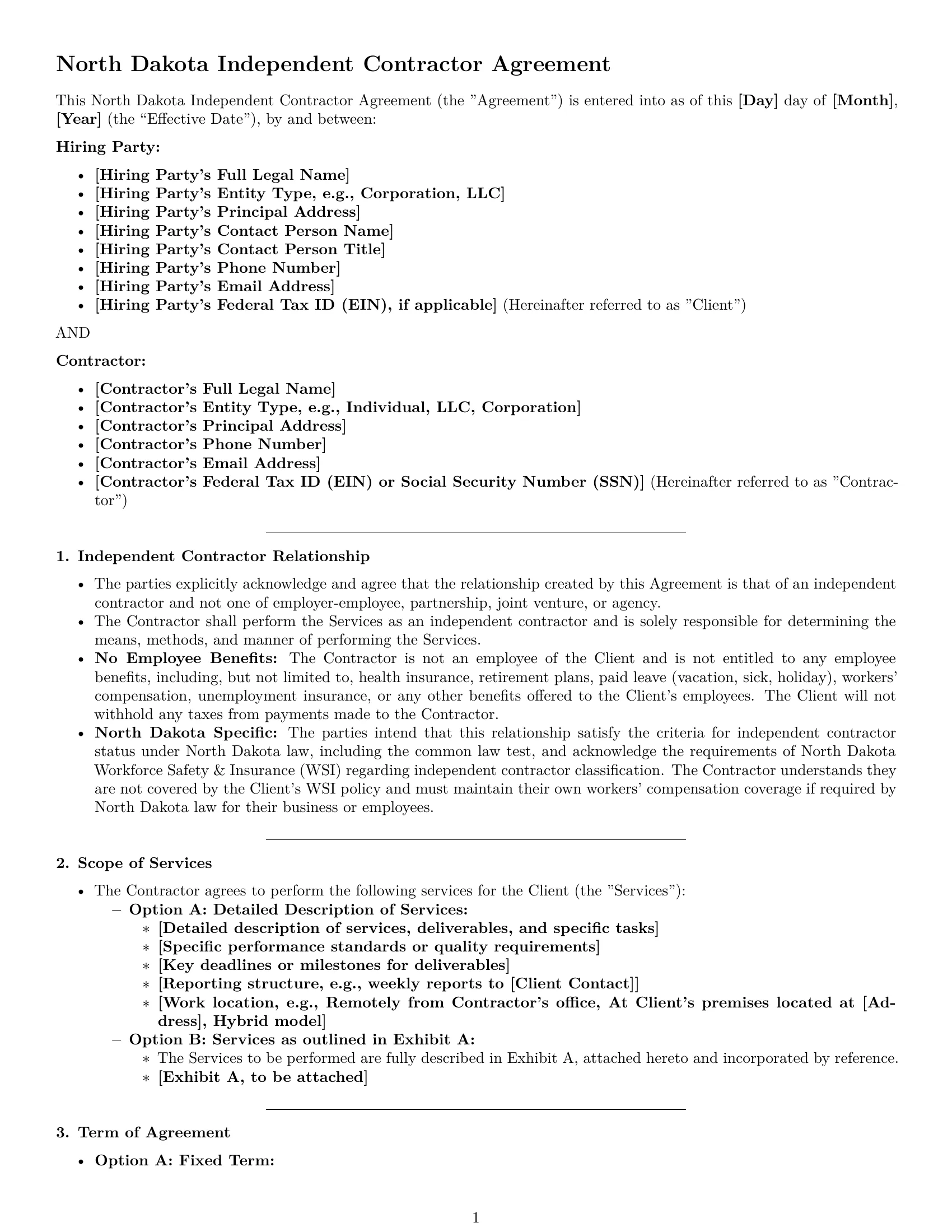 Preview page 1 of Pro North Dakota independent contractor agreement template