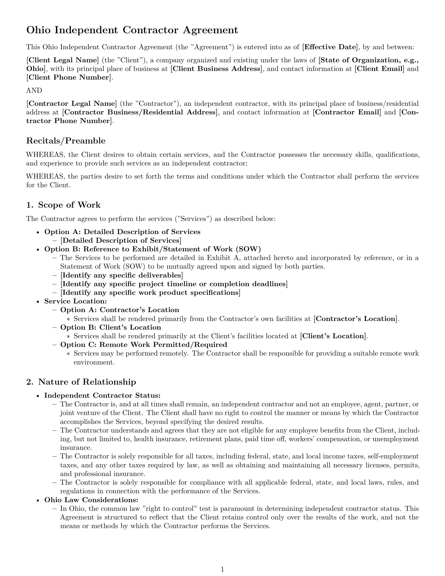Preview page 1 of Pro Ohio independent contractor agreement template