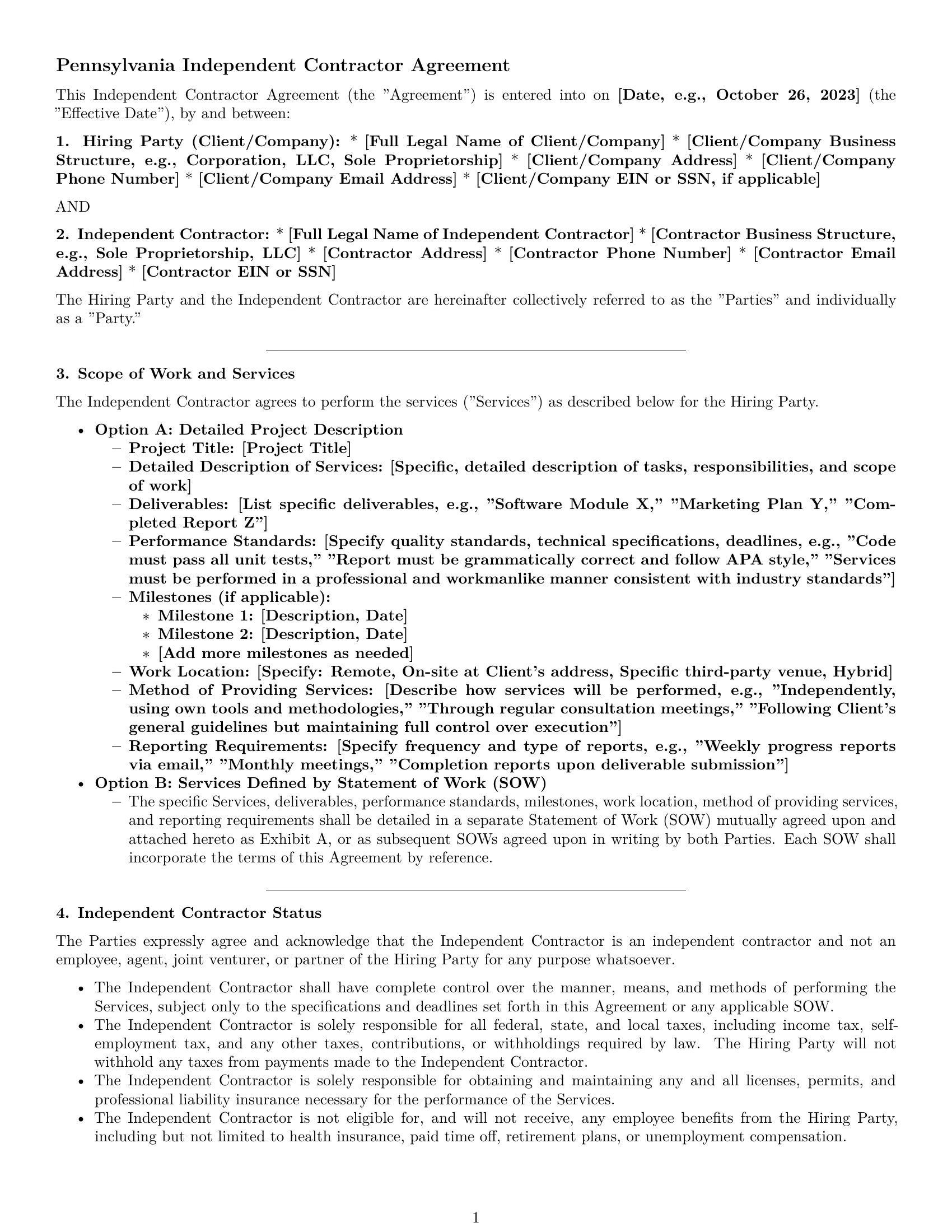 Preview page 1 of Pro Pennsylvania independent contractor agreement template