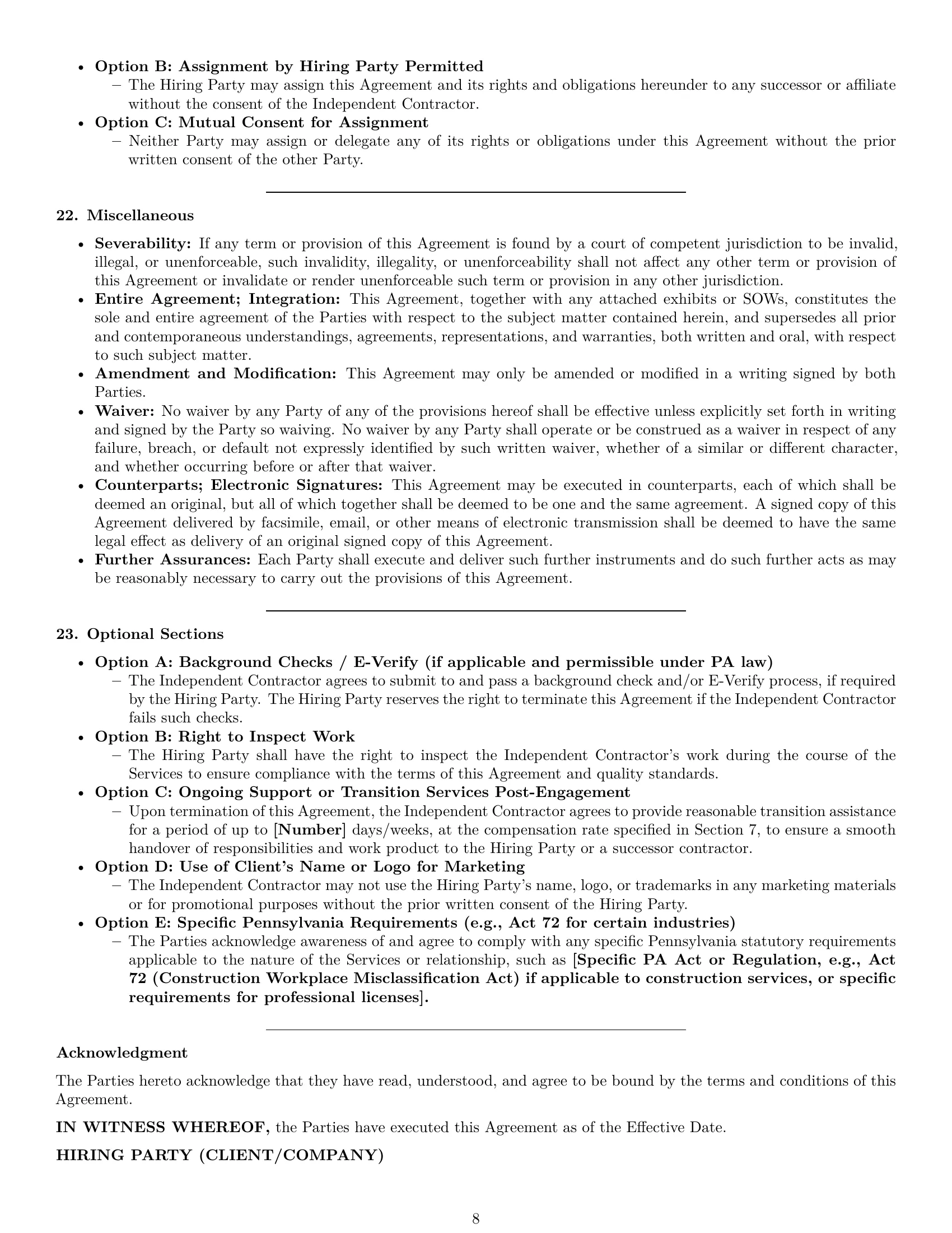 Preview page 8 of Pro Pennsylvania independent contractor agreement template