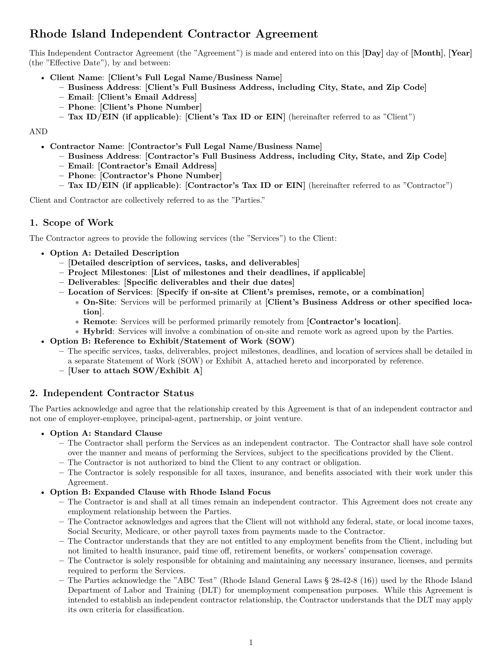 Preview page 1 of Pro Rhode Island independent contractor agreement template