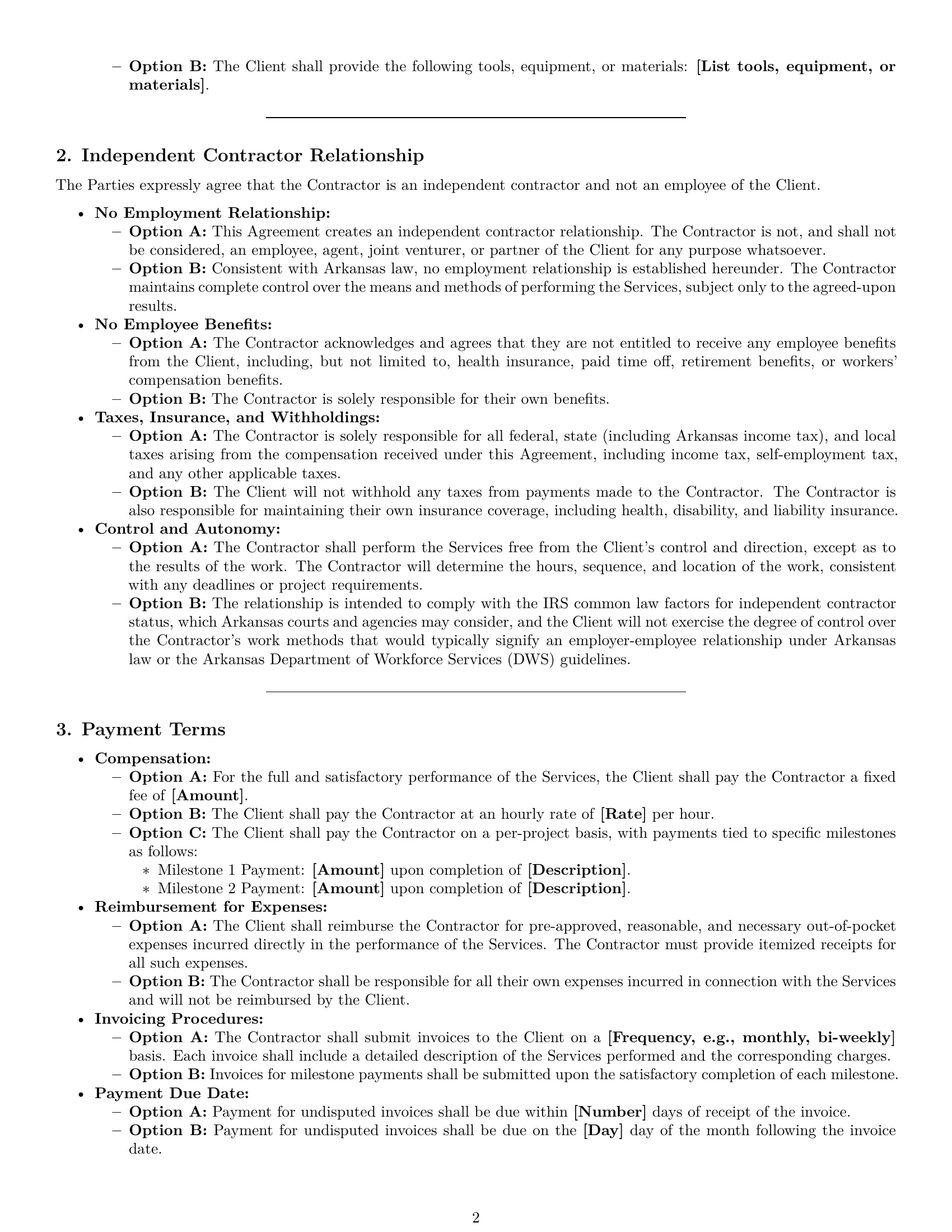 Preview page 2 of Pro Arkansas independent contractor agreement template