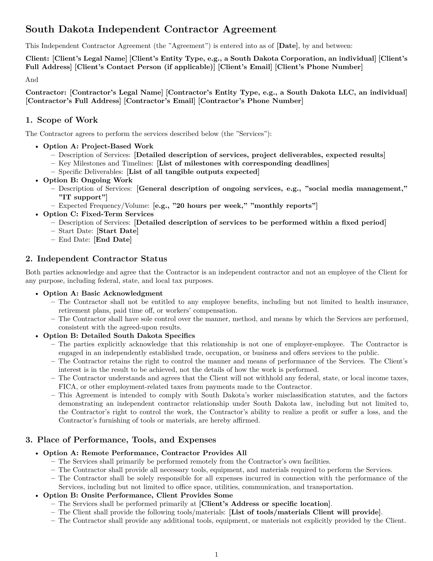 Preview page 1 of Pro South Dakota independent contractor agreement template