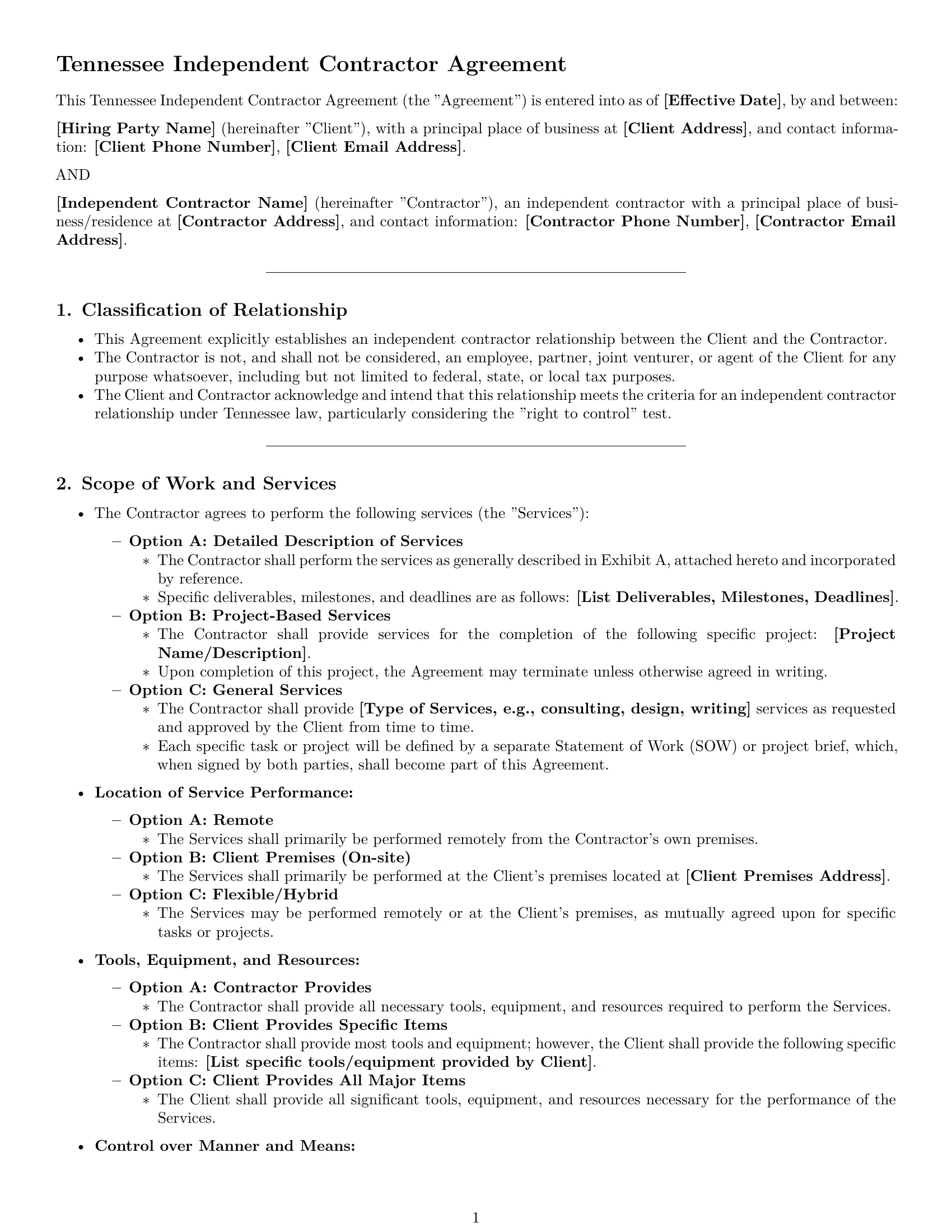 Preview page 1 of Pro Tennessee independent contractor agreement template