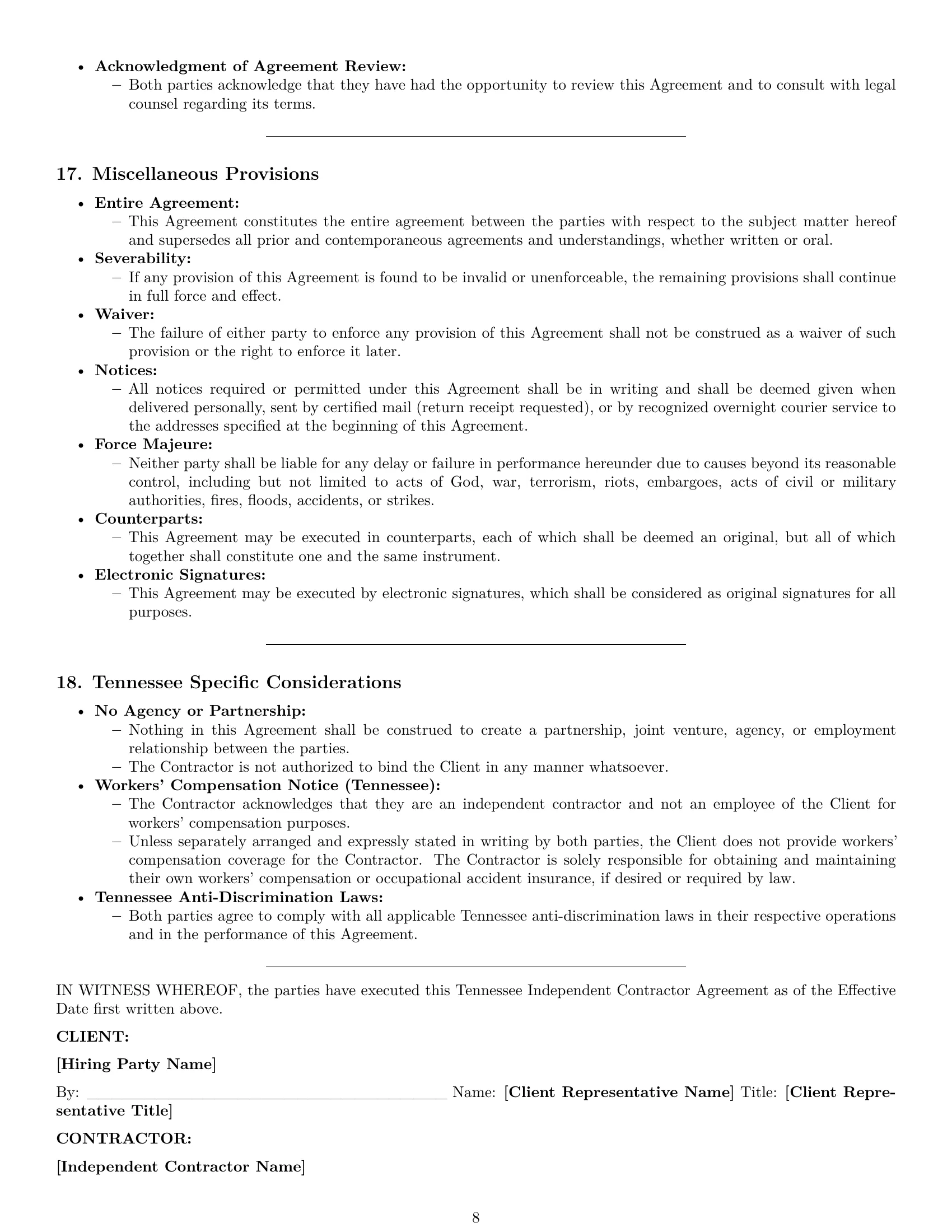 Preview page 8 of Pro Tennessee independent contractor agreement template