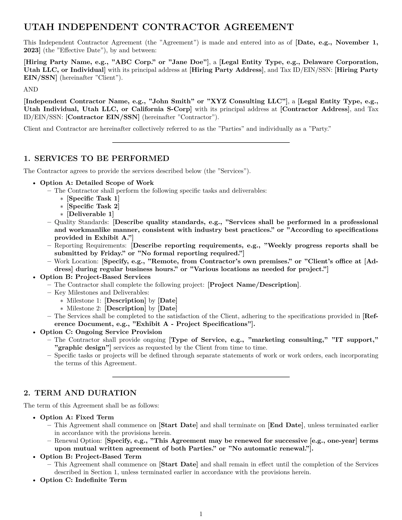 Preview page 1 of Pro Utah independent contractor agreement template