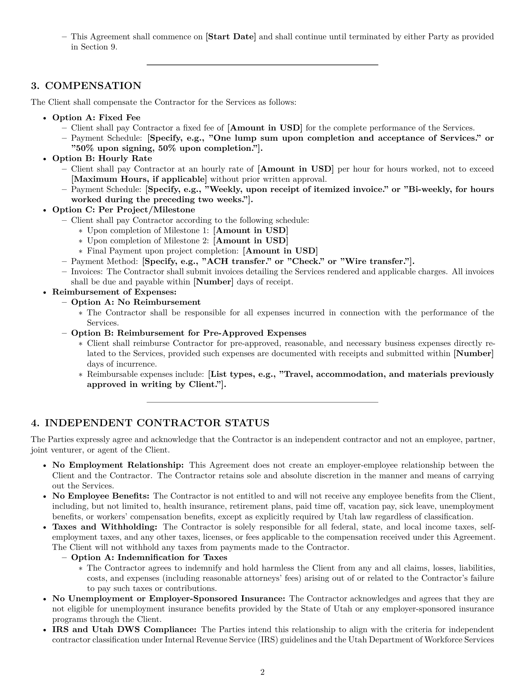 Preview page 2 of Pro Utah independent contractor agreement template