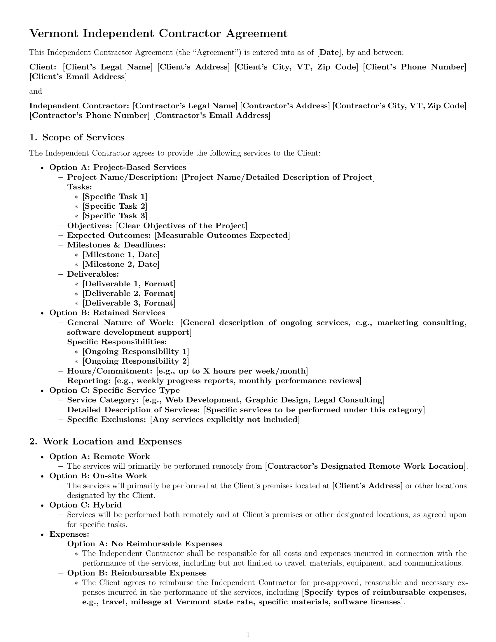 Preview page 1 of Pro Vermont independent contractor agreement template