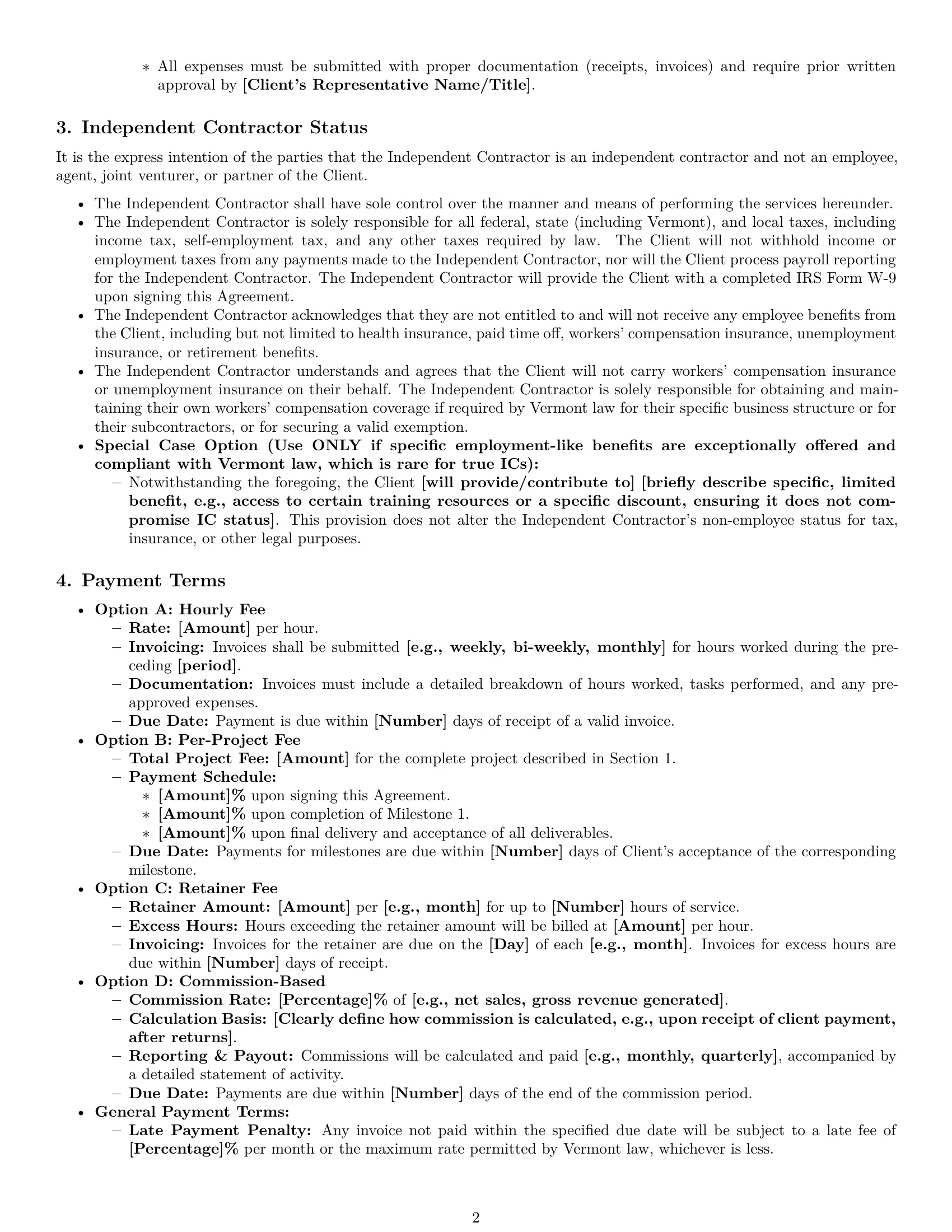 Preview page 2 of Pro Vermont independent contractor agreement template