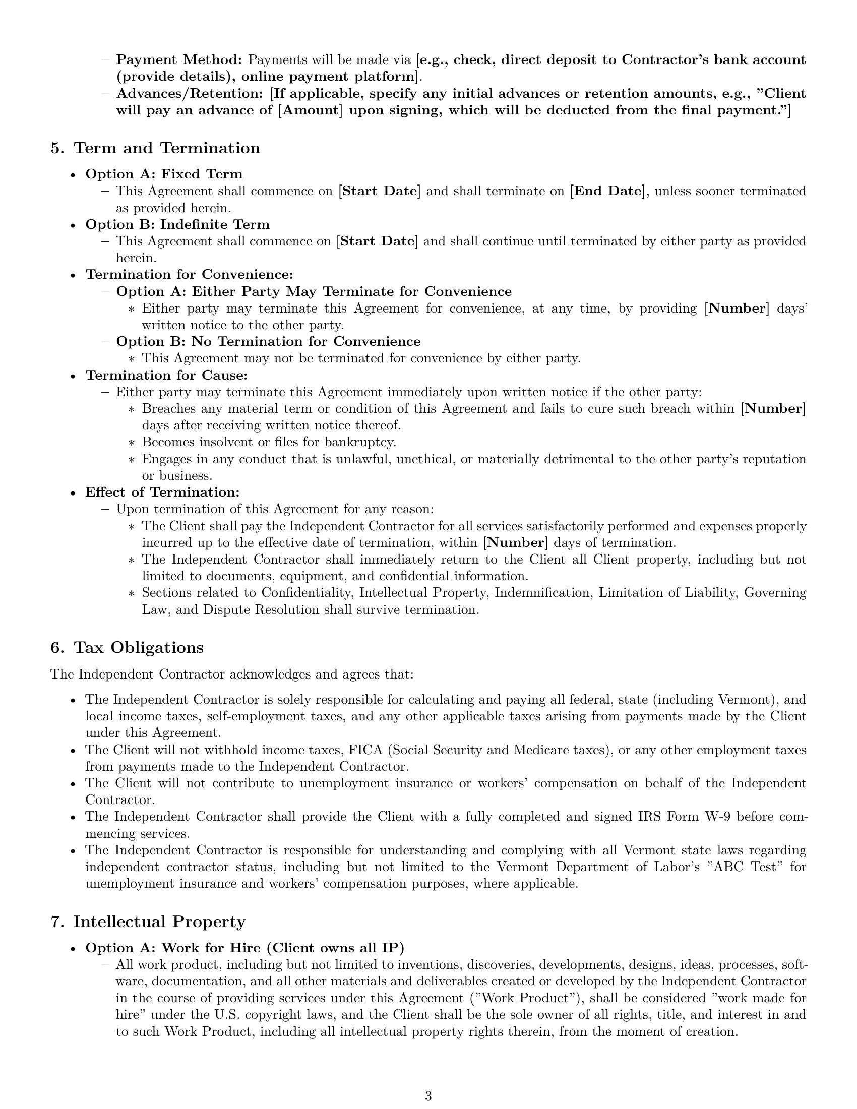 Preview page 3 of Pro Vermont independent contractor agreement template