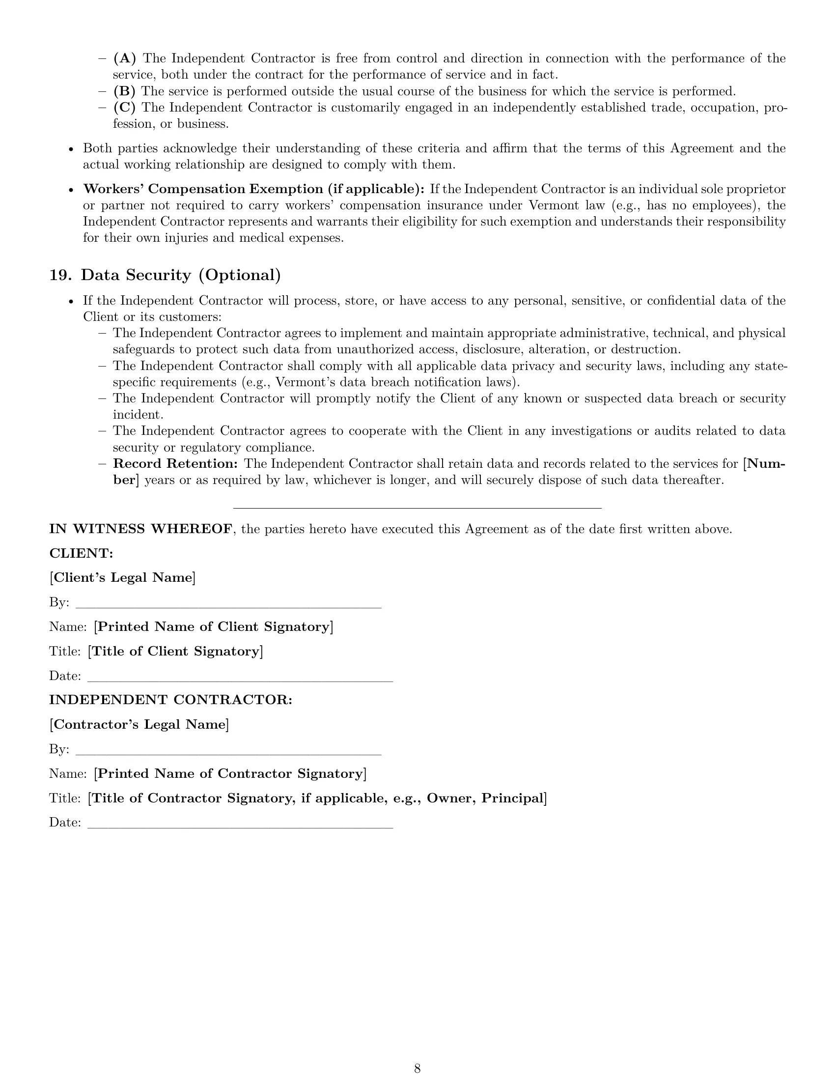 Preview page 8 of Pro Vermont independent contractor agreement template