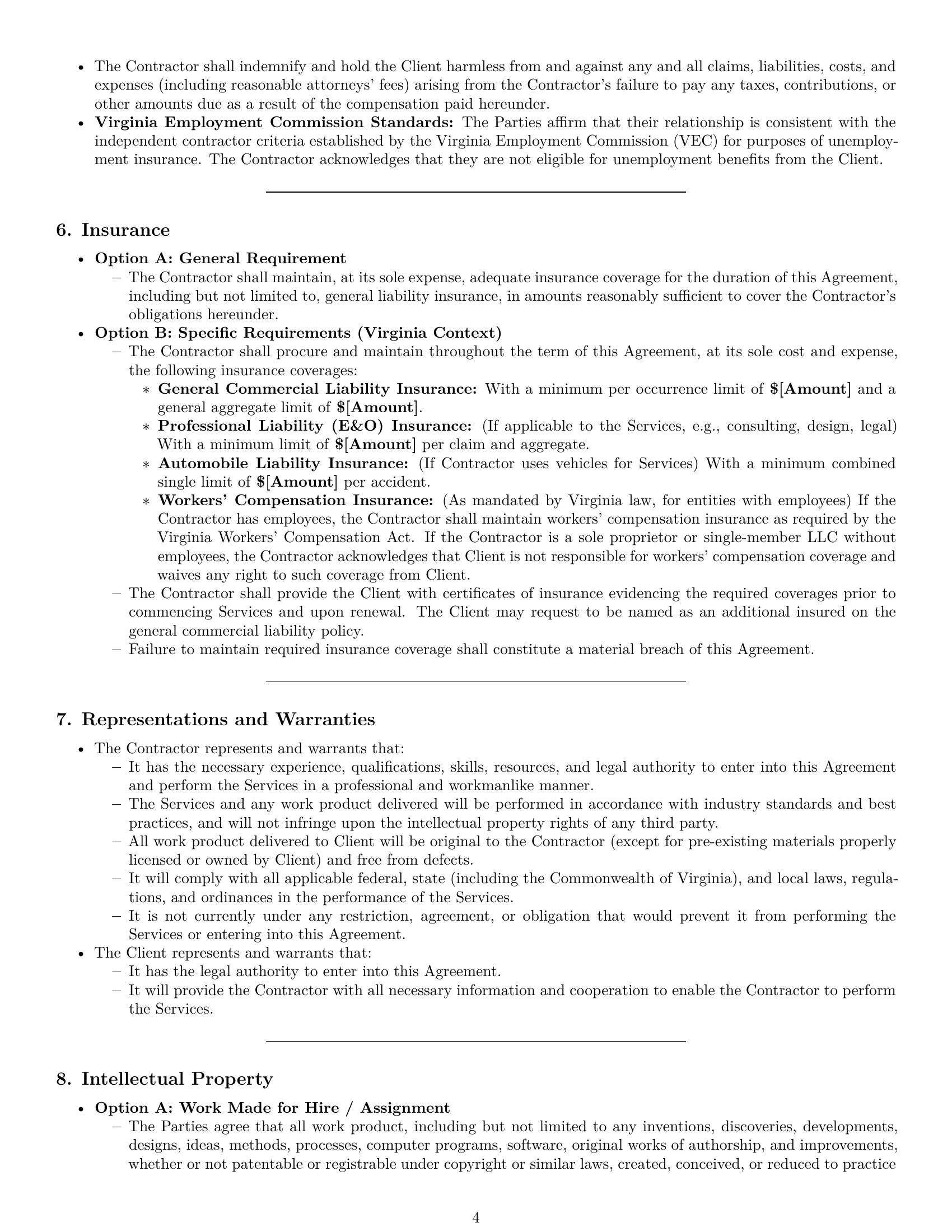 Preview page 4 of Pro Virginia independent contractor agreement template