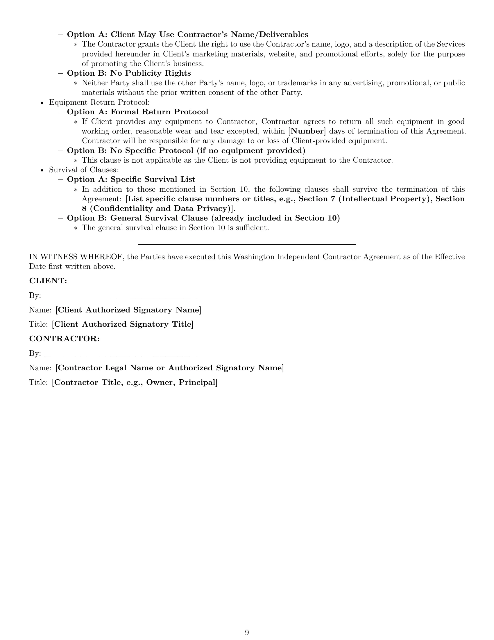 Preview page 9 of Pro Washington independent contractor agreement template