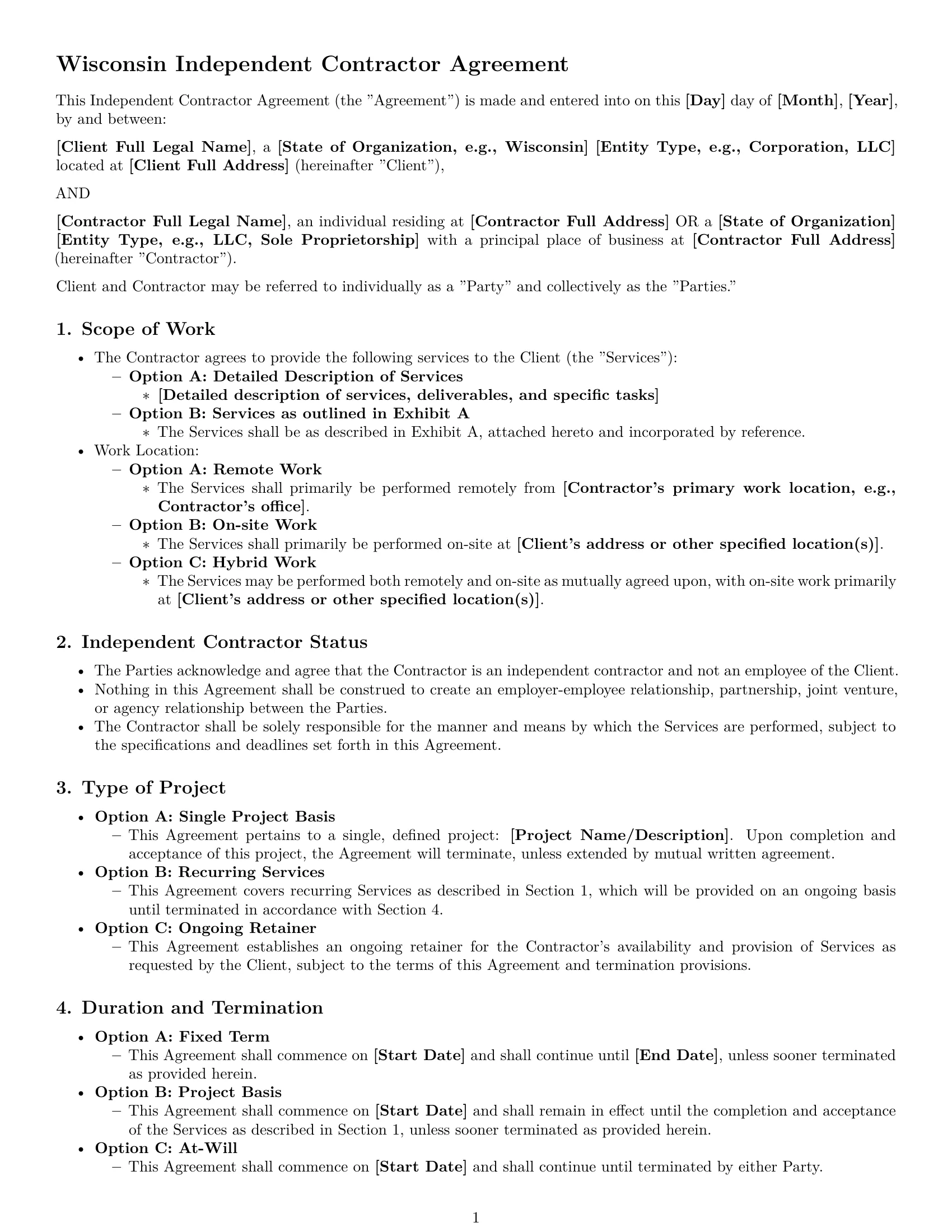 Preview page 1 of Pro Wisconsin independent contractor agreement template