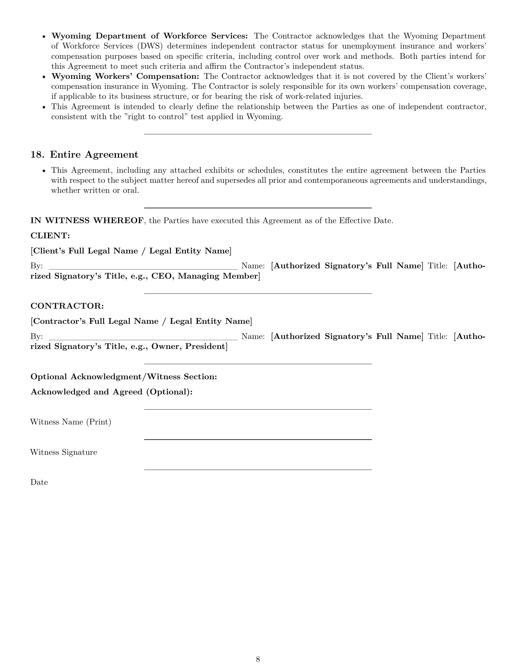 Preview page 8 of Pro Wyoming independent contractor agreement template