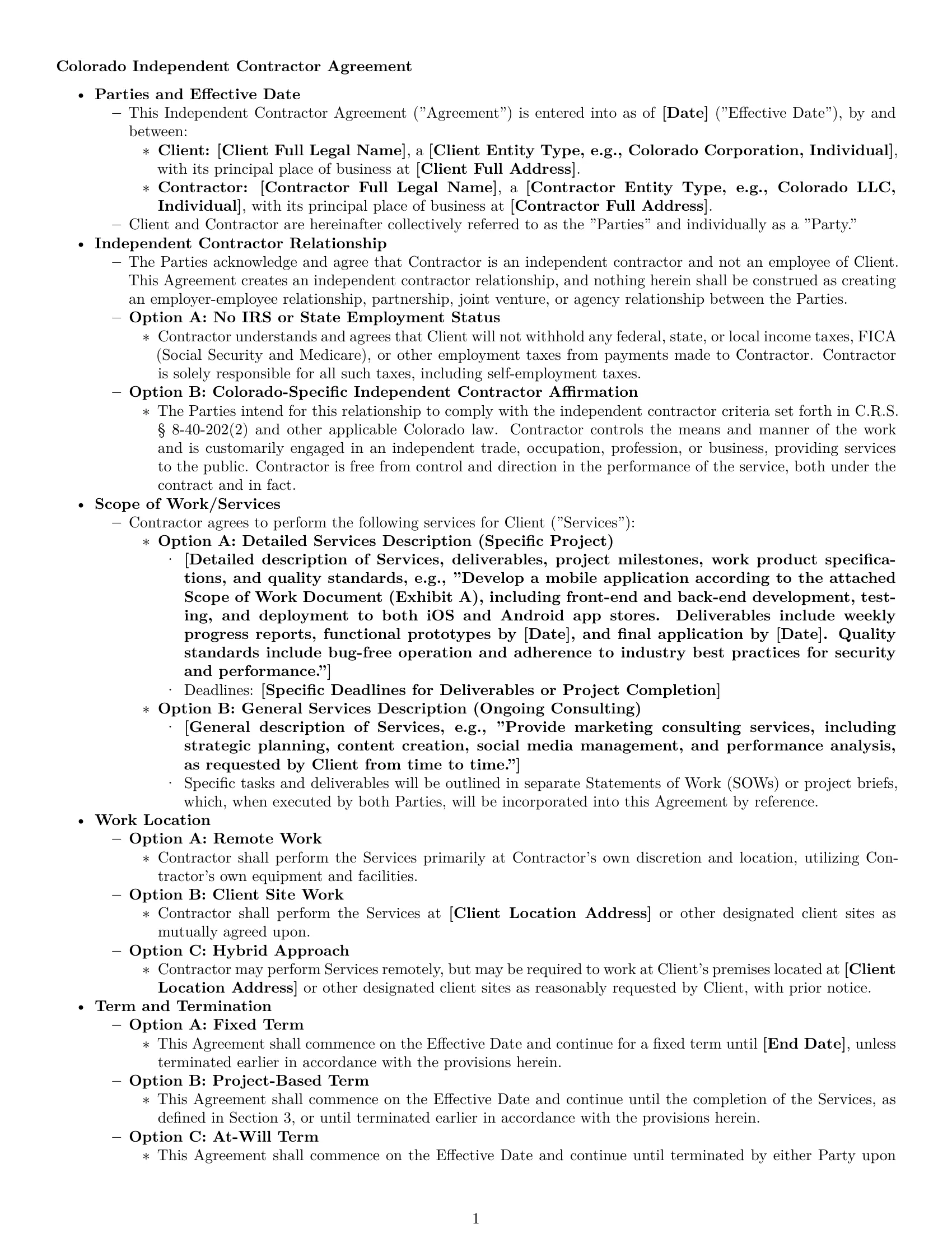 Preview page 1 of Pro Colorado independent contractor agreement template