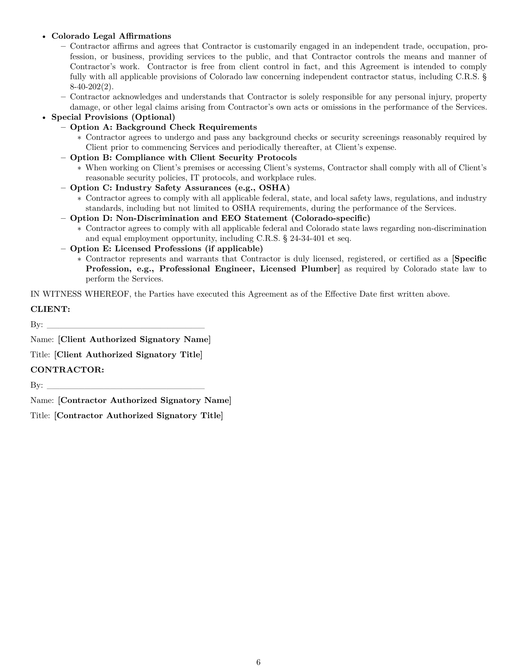 Preview page 6 of Pro Colorado independent contractor agreement template