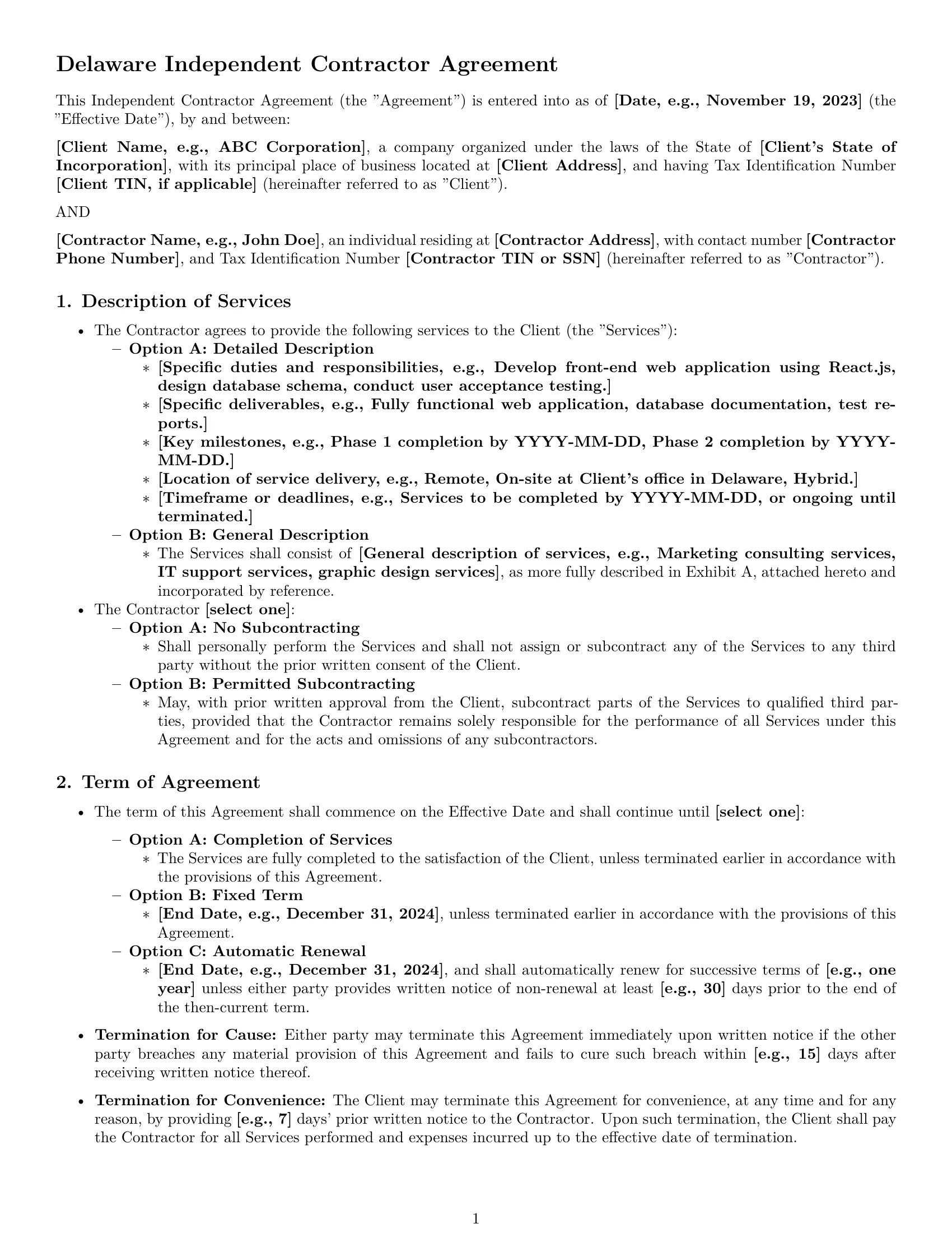 Preview page 1 of Pro Delaware independent contractor agreement template