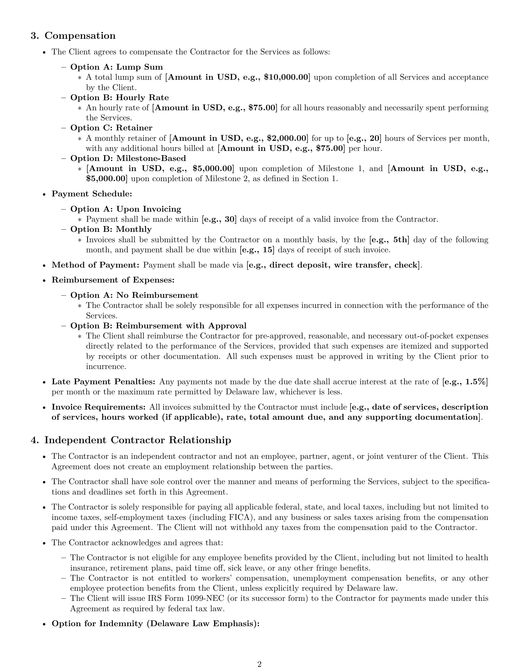 Preview page 2 of Pro Delaware independent contractor agreement template