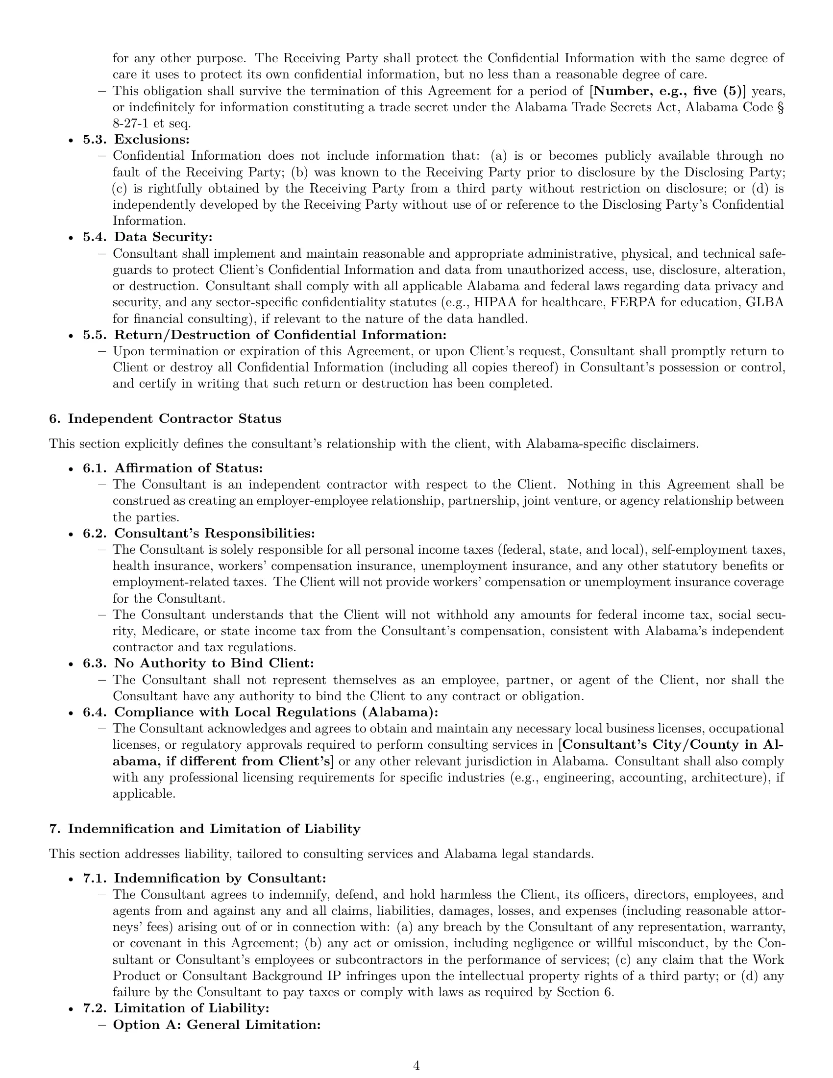 Preview page 4 of Pro Alabama consulting independent contractor agreement template