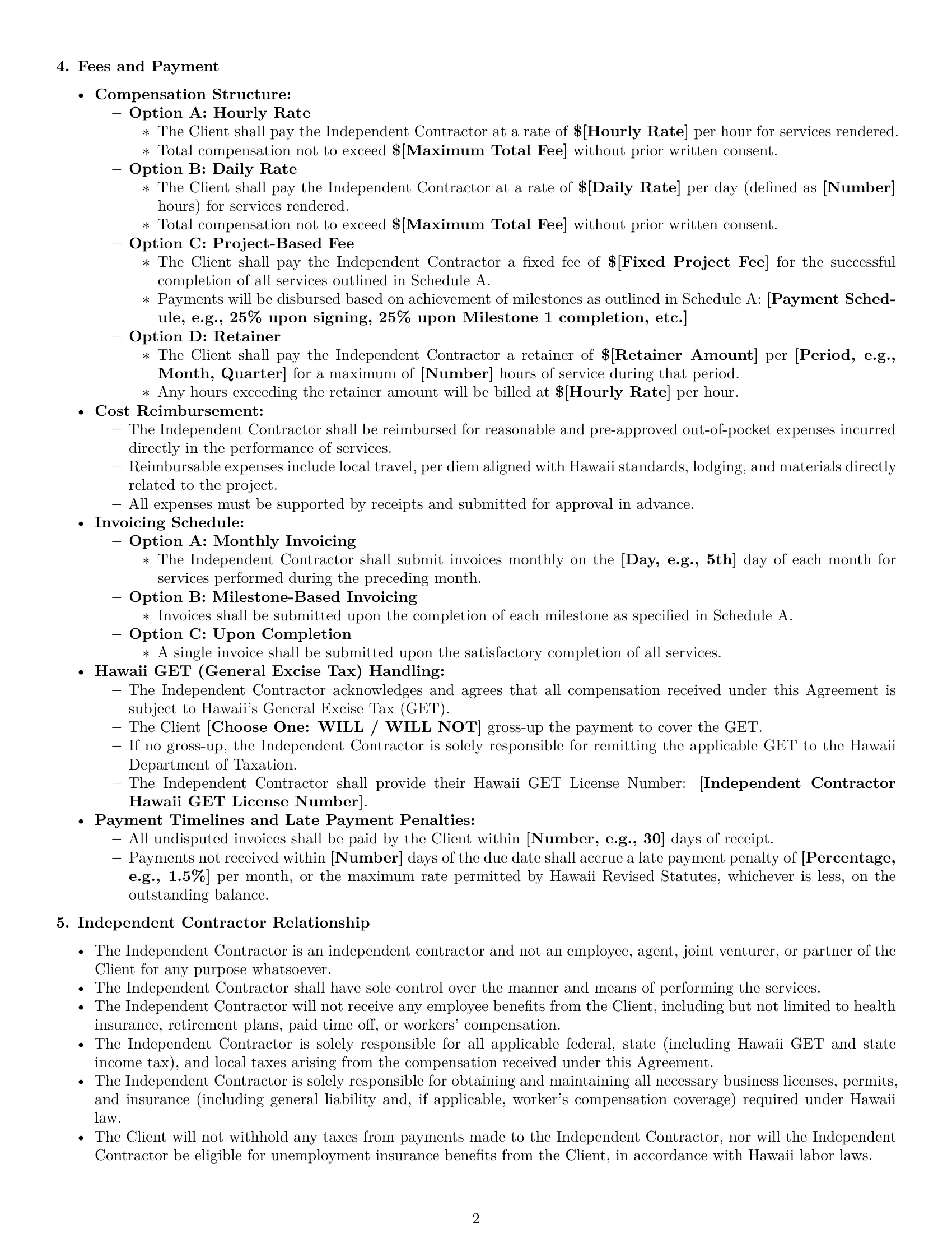 Preview page 2 of Pro Hawaii consulting independent contractor agreement template