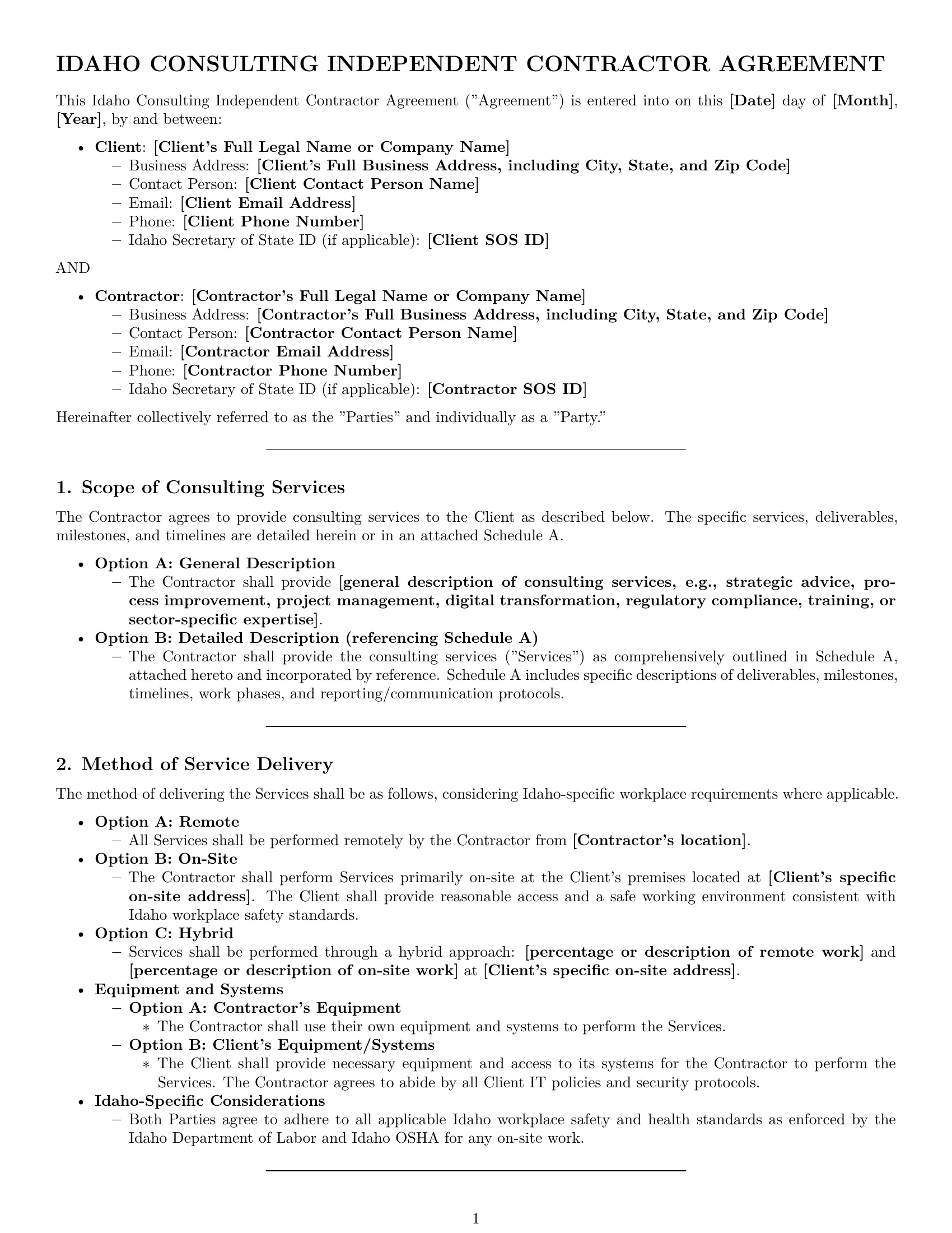 Preview page 1 of Pro Idaho consulting independent contractor agreement template