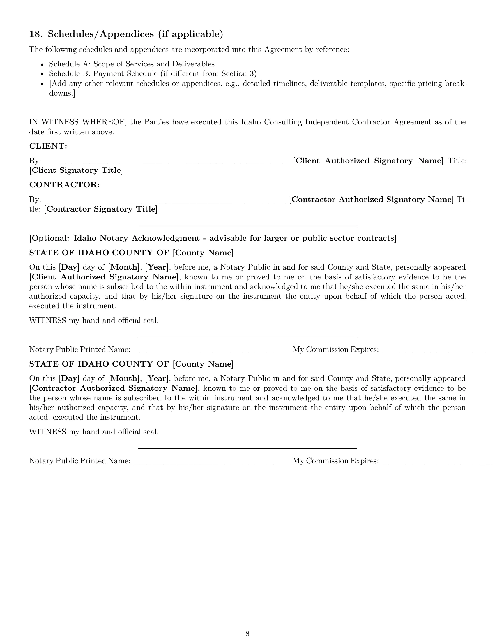 Preview page 8 of Pro Idaho consulting independent contractor agreement template
