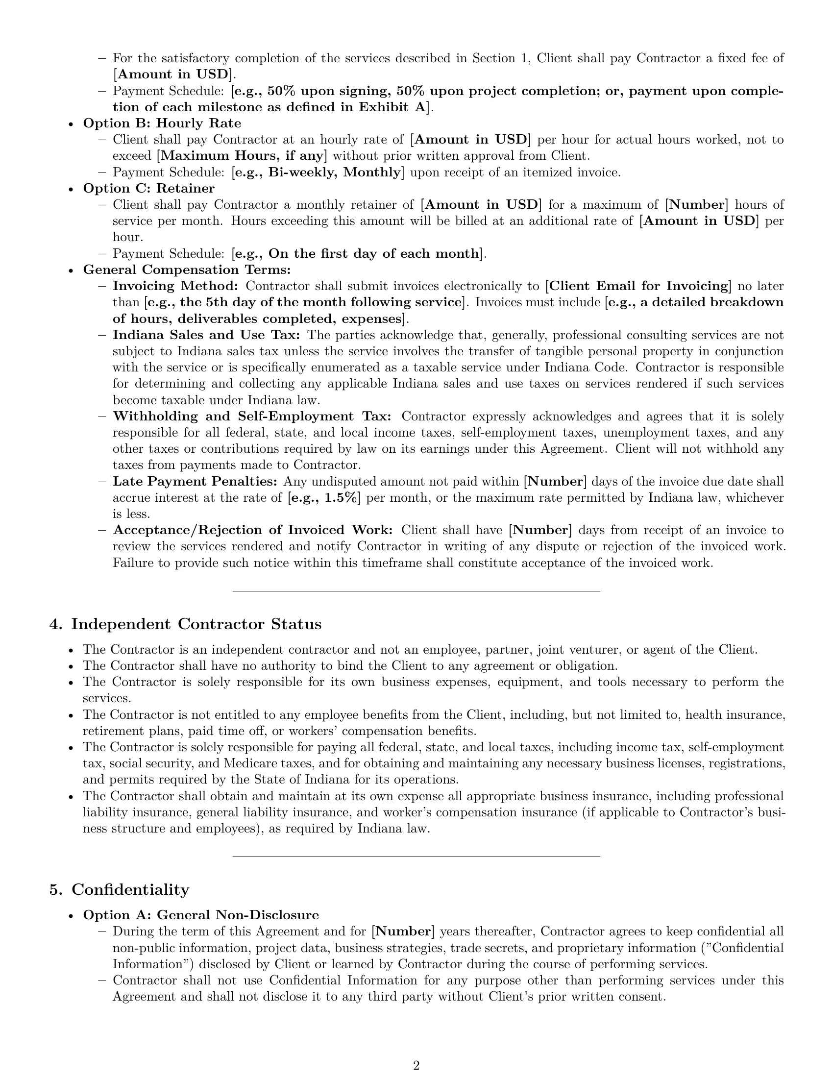Preview page 2 of Pro Indiana consulting independent contractor agreement template