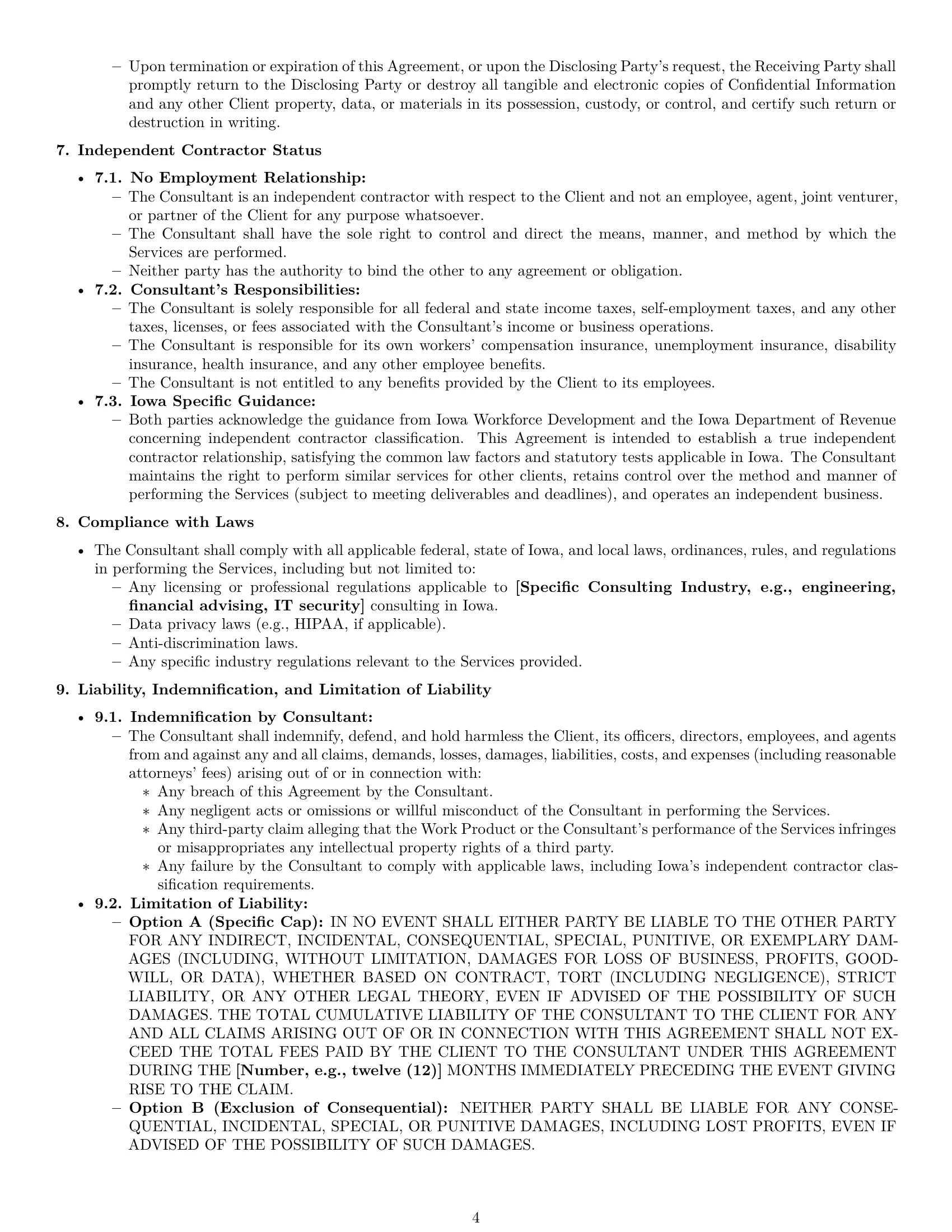 Preview page 4 of Pro Iowa consulting independent contractor agreement template
