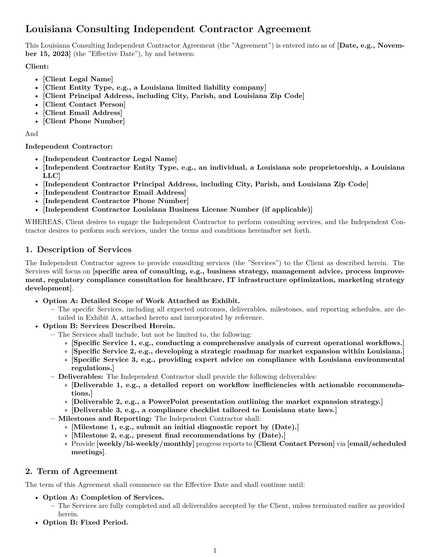 Preview page 1 of Pro Louisiana consulting independent contractor agreement template