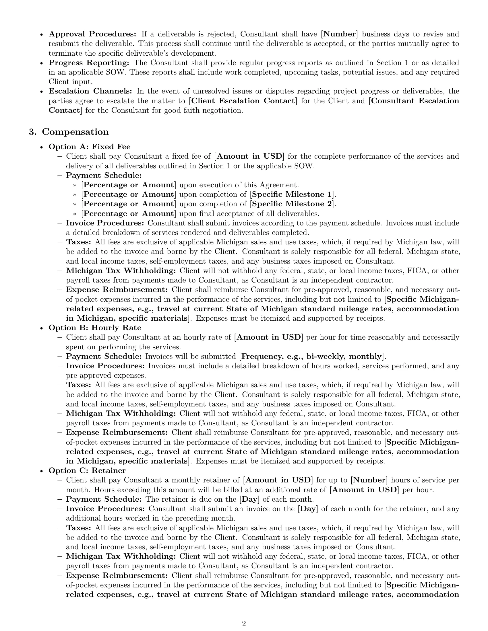 Preview page 2 of Pro Michigan consulting independent contractor agreement template