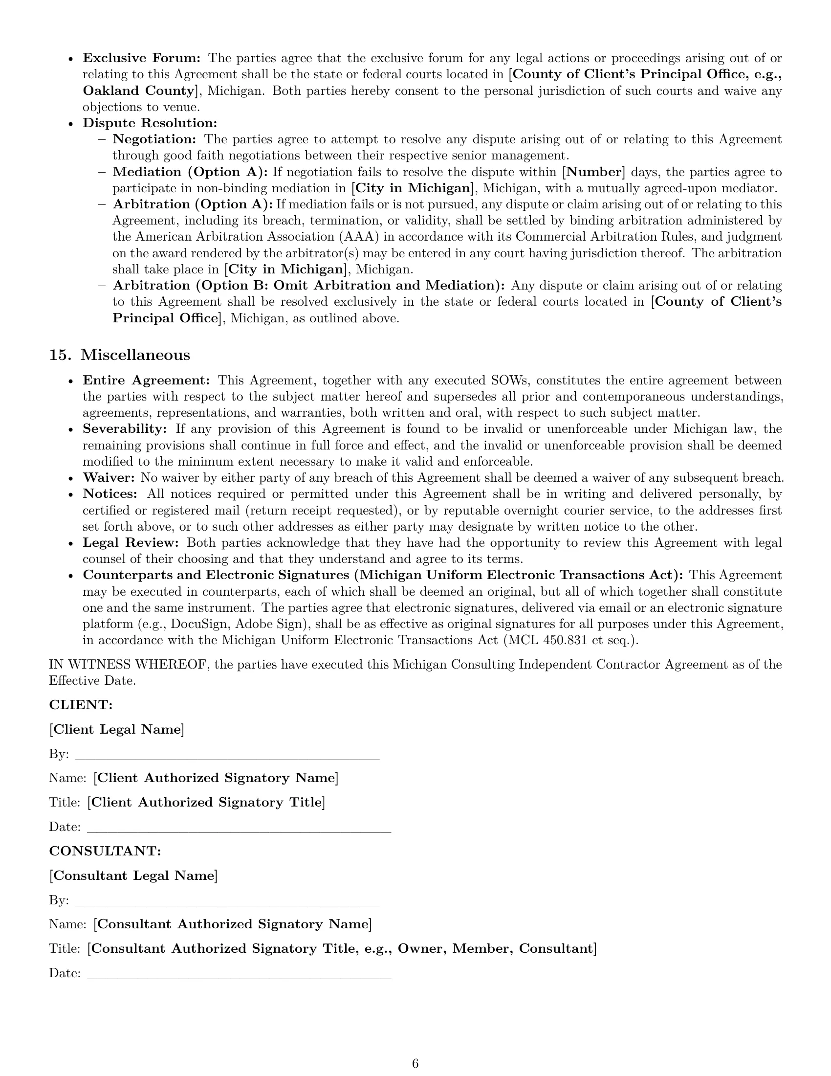 Preview page 6 of Pro Michigan consulting independent contractor agreement template