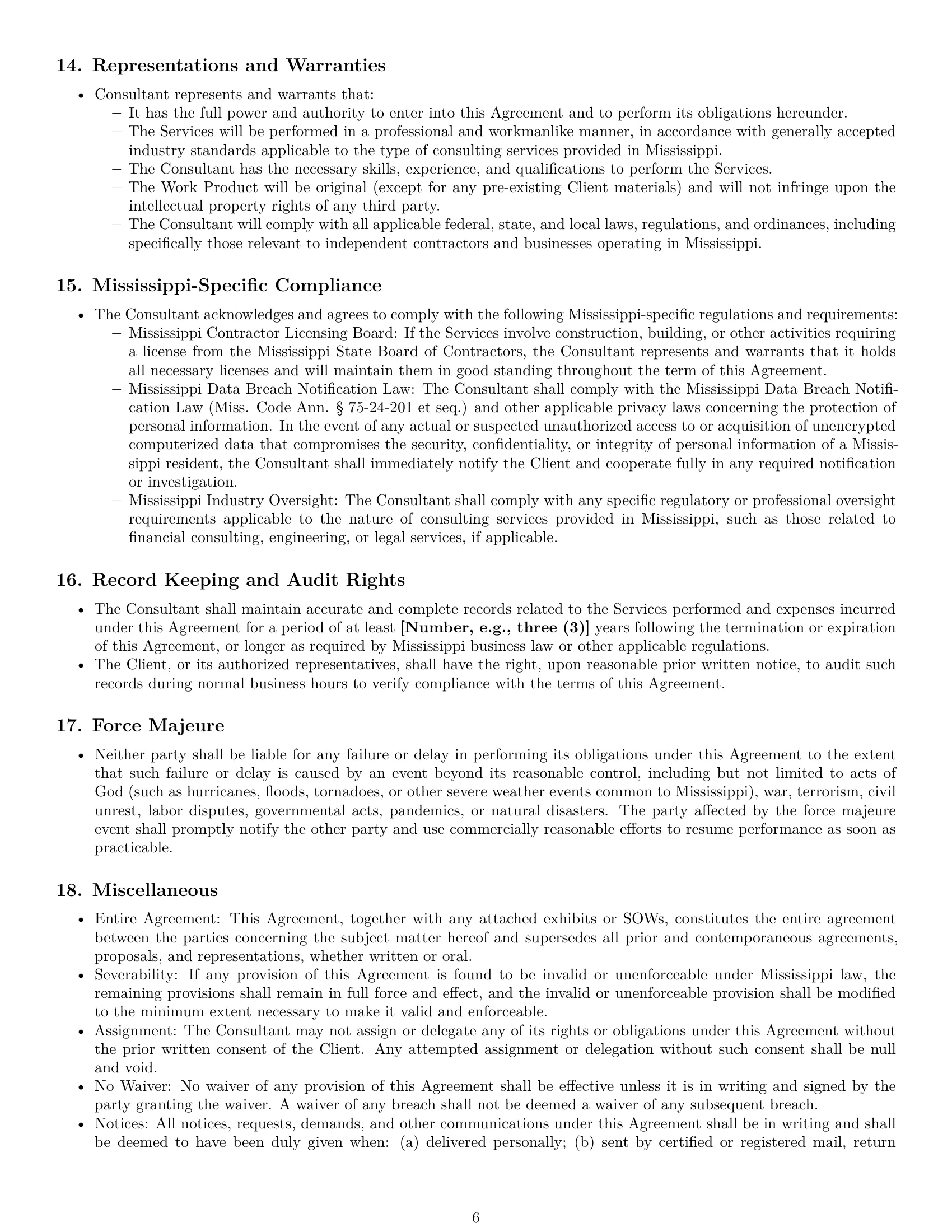 Preview page 6 of Pro Mississippi consulting independent contractor agreement template