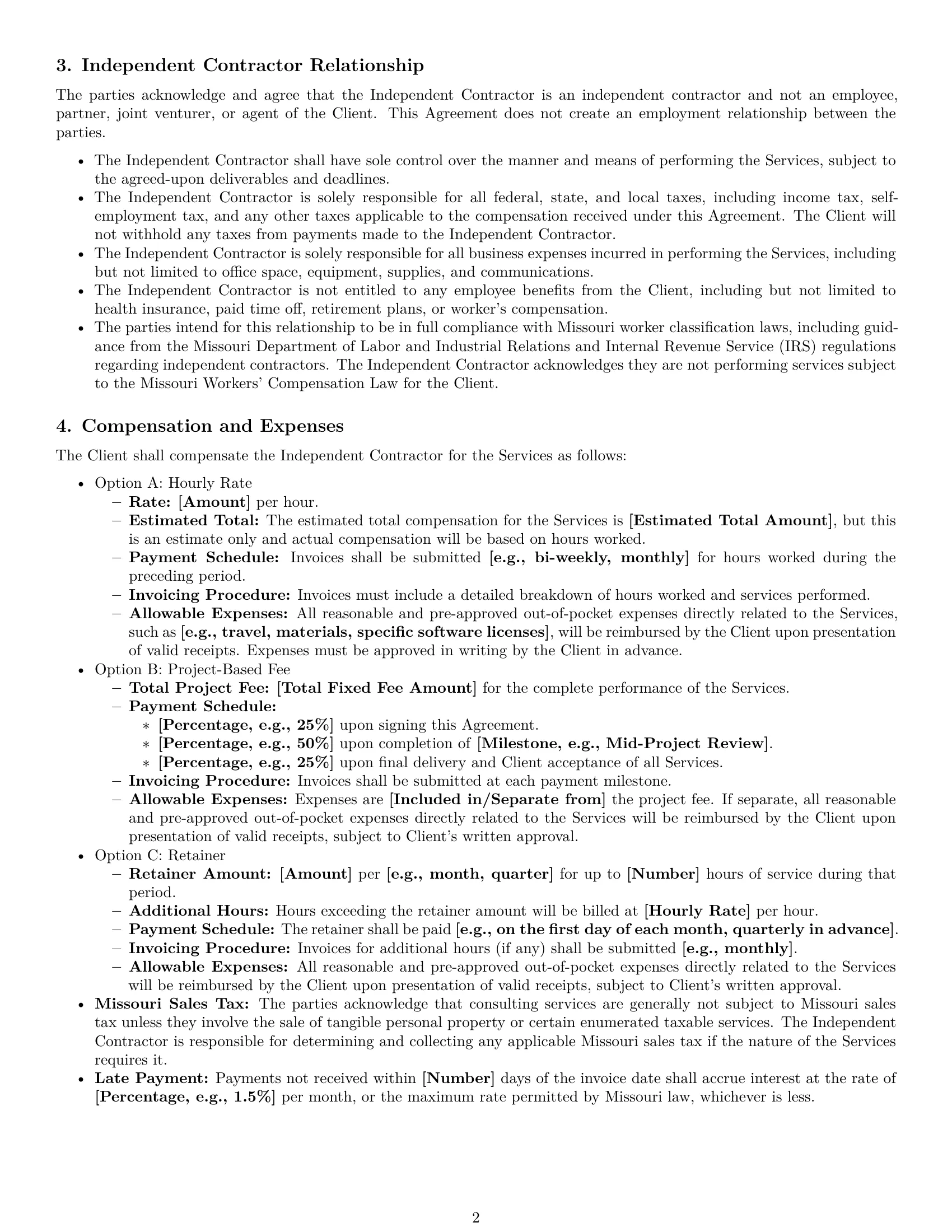 Preview page 2 of Pro Missouri consulting independent contractor agreement template