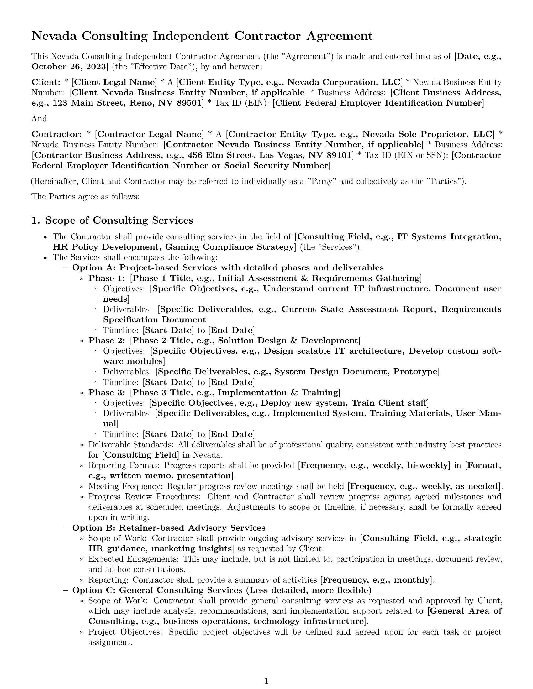 Preview page 1 of Pro Nevada consulting independent contractor agreement template