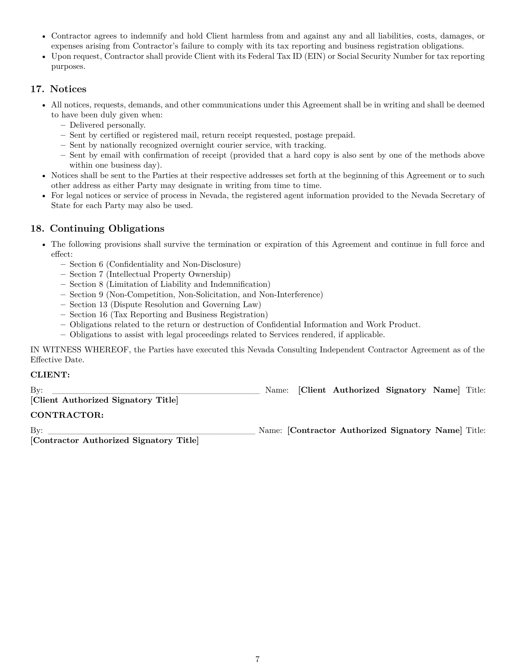 Preview page 7 of Pro Nevada consulting independent contractor agreement template