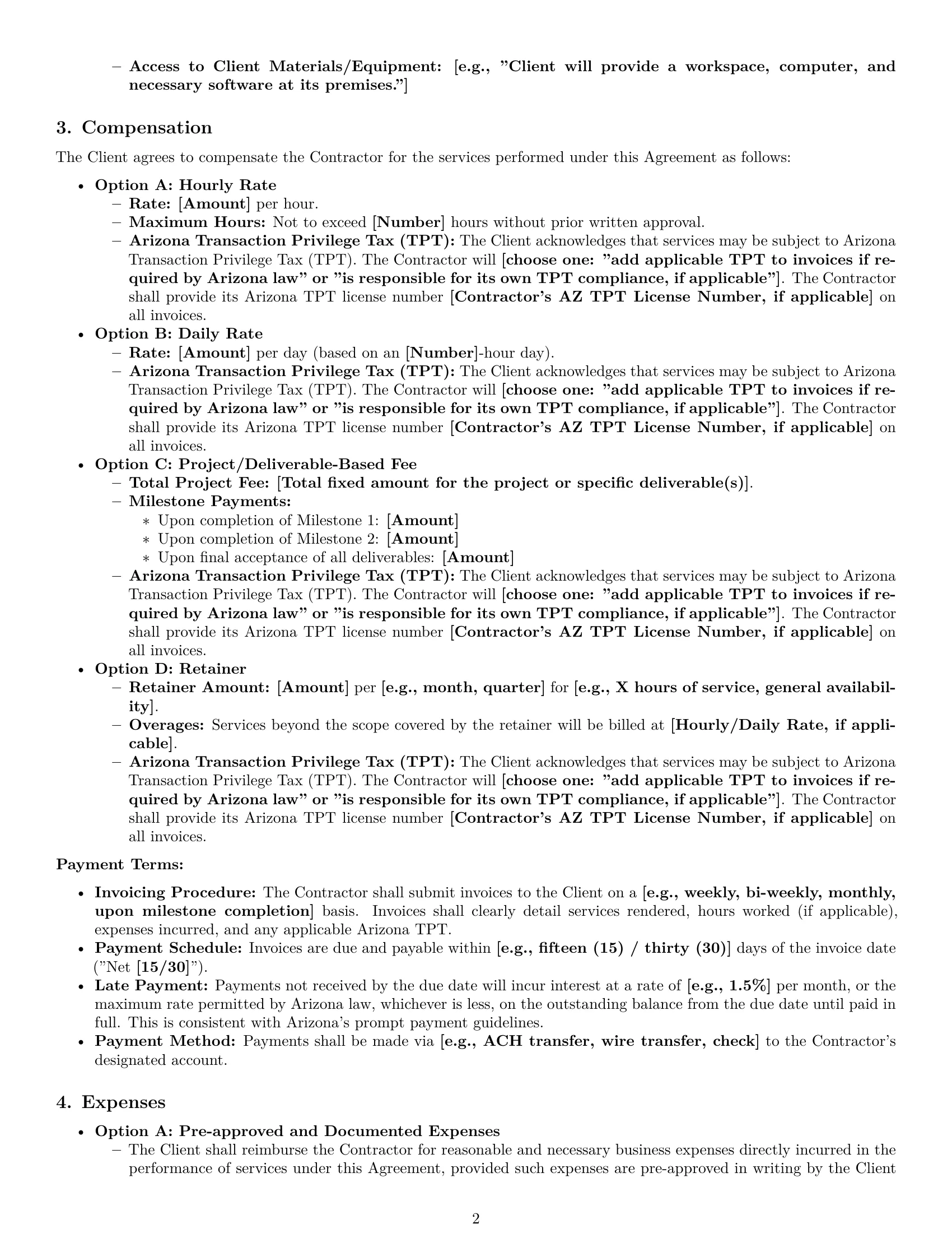 Preview page 2 of Pro Arizona consulting independent contractor agreement template