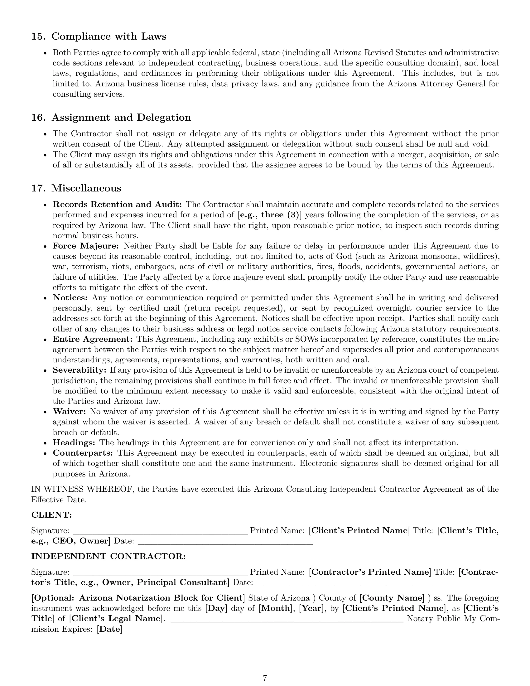 Preview page 7 of Pro Arizona consulting independent contractor agreement template