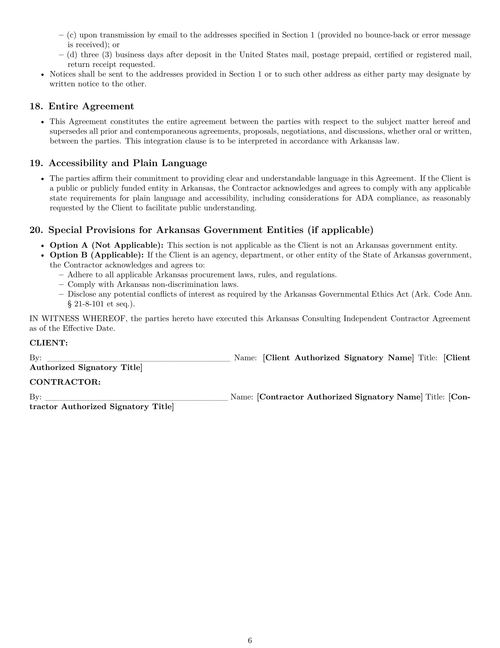 Preview page 6 of Pro Arkansas consulting independent contractor agreement template
