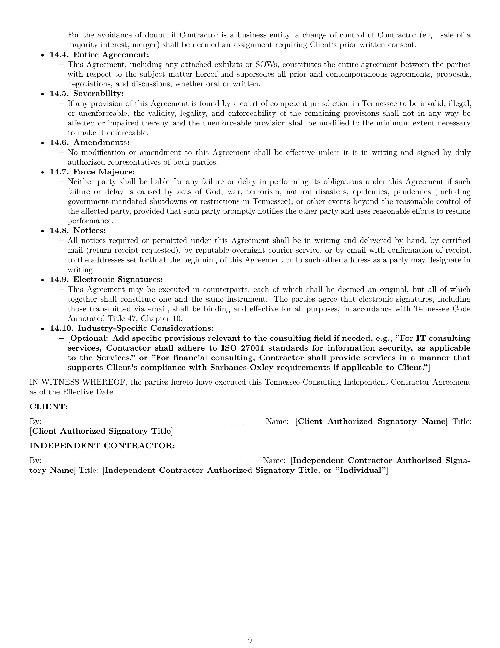Preview page 9 of Pro Tennessee consulting independent contractor agreement template